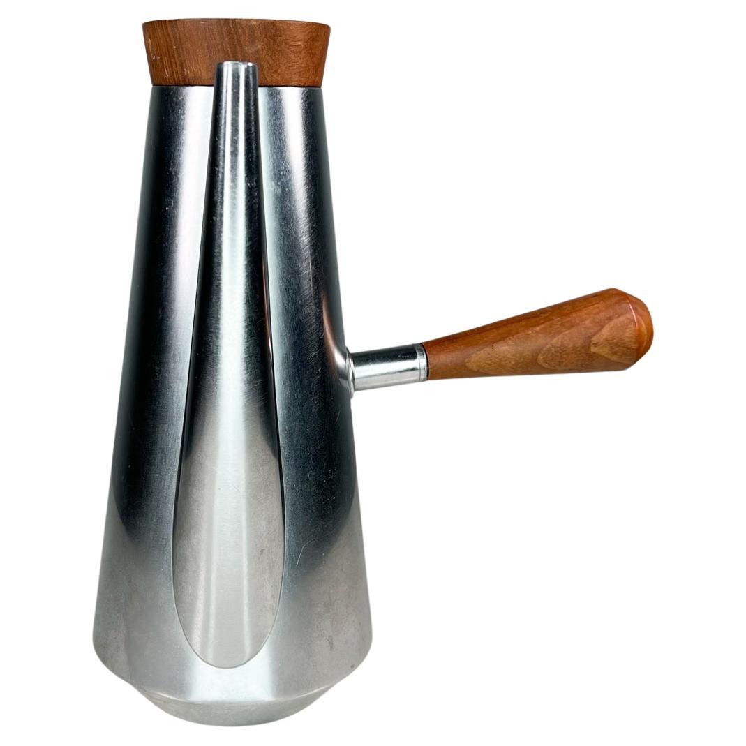 1960s Mid-Century Kalmar Italian Coffee Pot Made in Italy Stainless and Teakwood For Sale
