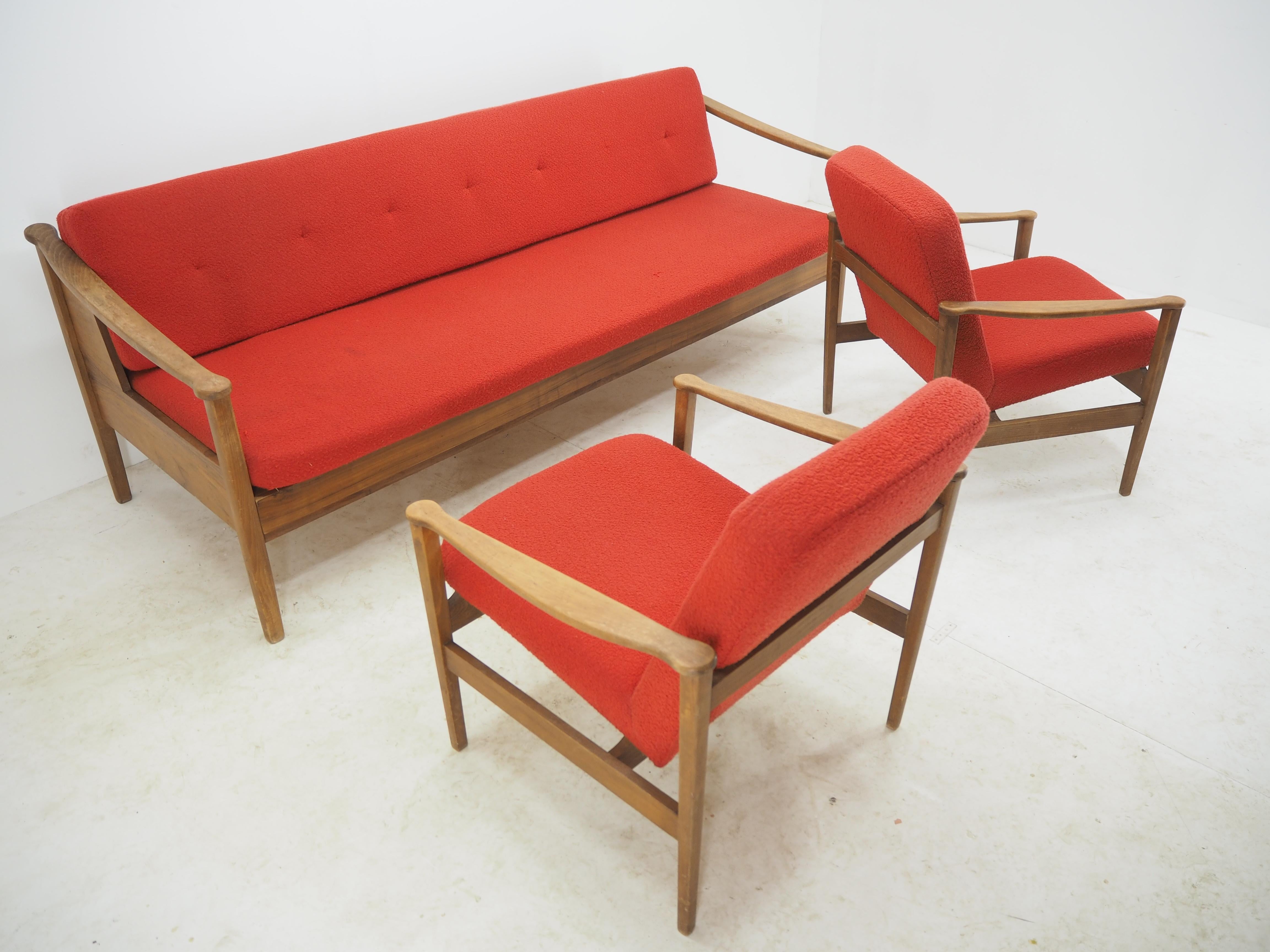 1960s Midcentury Living Room Set Sofa and Pair Armchairs, Czechoslovakia 4