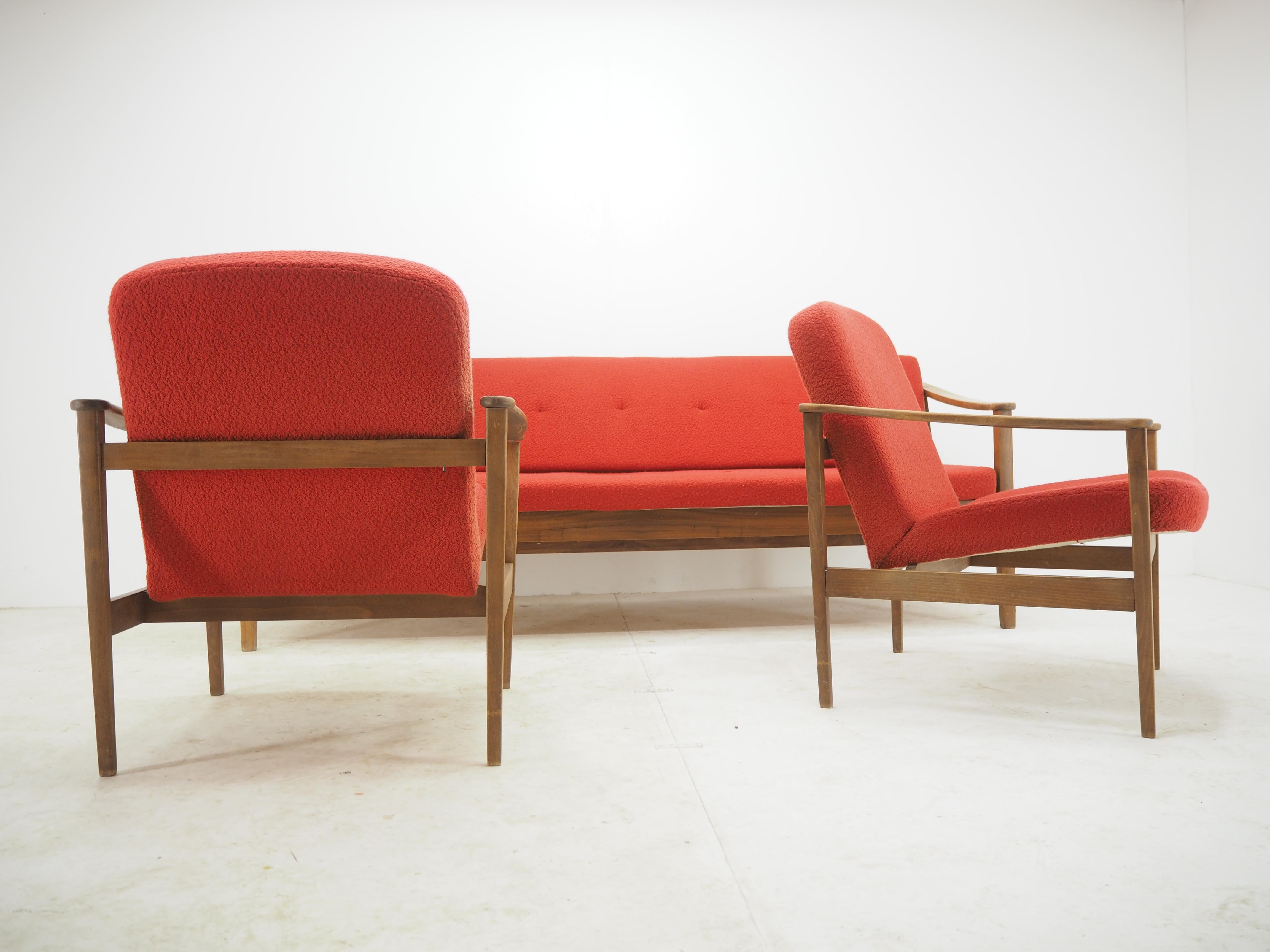 Fabric 1960s Midcentury Living Room Set Sofa and Pair Armchairs, Czechoslovakia