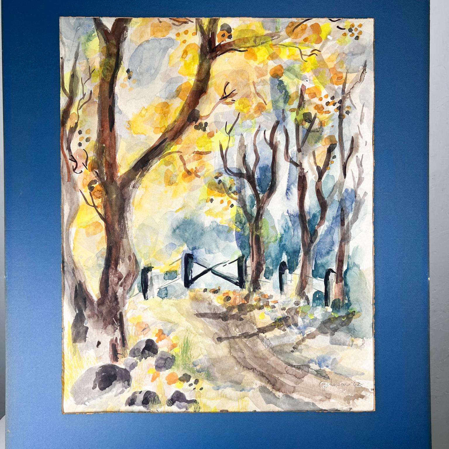 1960s Mid-Century Modern Blue Art Watercolor Abstract Landscape Signed In Good Condition For Sale In Chula Vista, CA