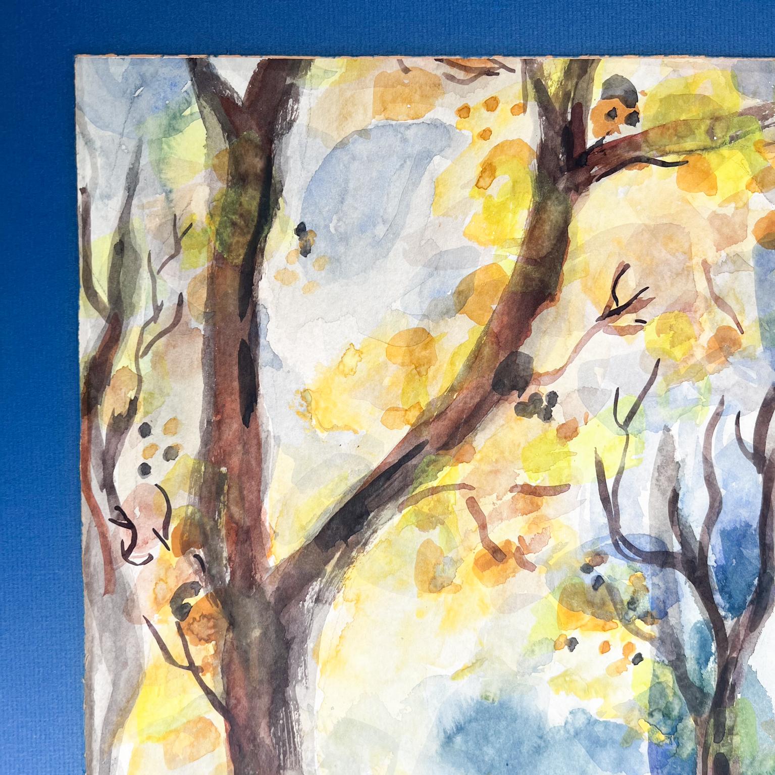 Mid-20th Century 1960s Mid-Century Modern Blue Art Watercolor Abstract Landscape Signed For Sale
