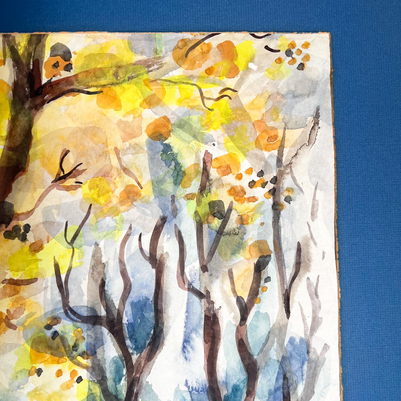 Paper 1960s Mid-Century Modern Blue Art Watercolor Abstract Landscape Signed For Sale