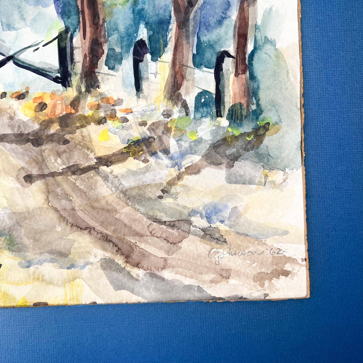 1960s Mid-Century Modern Blue Art Watercolor Abstract Landscape Signed For Sale 1