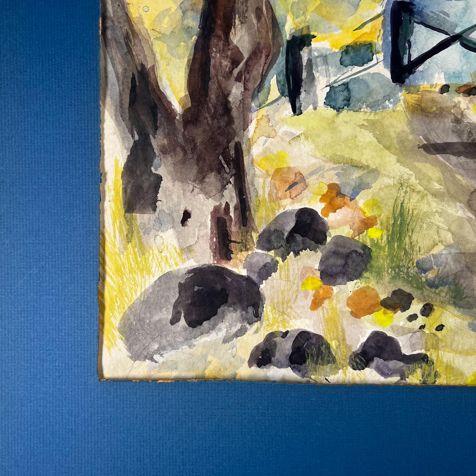 1960s Mid-Century Modern Blue Art Watercolor Abstract Landscape Signed For Sale 2