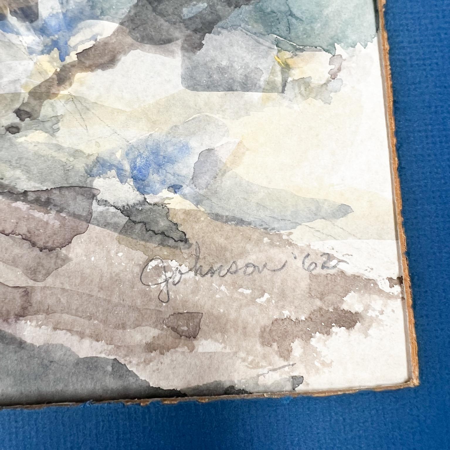 1960s Mid-Century Modern Blue Art Watercolor Abstract Landscape Signed For Sale 3