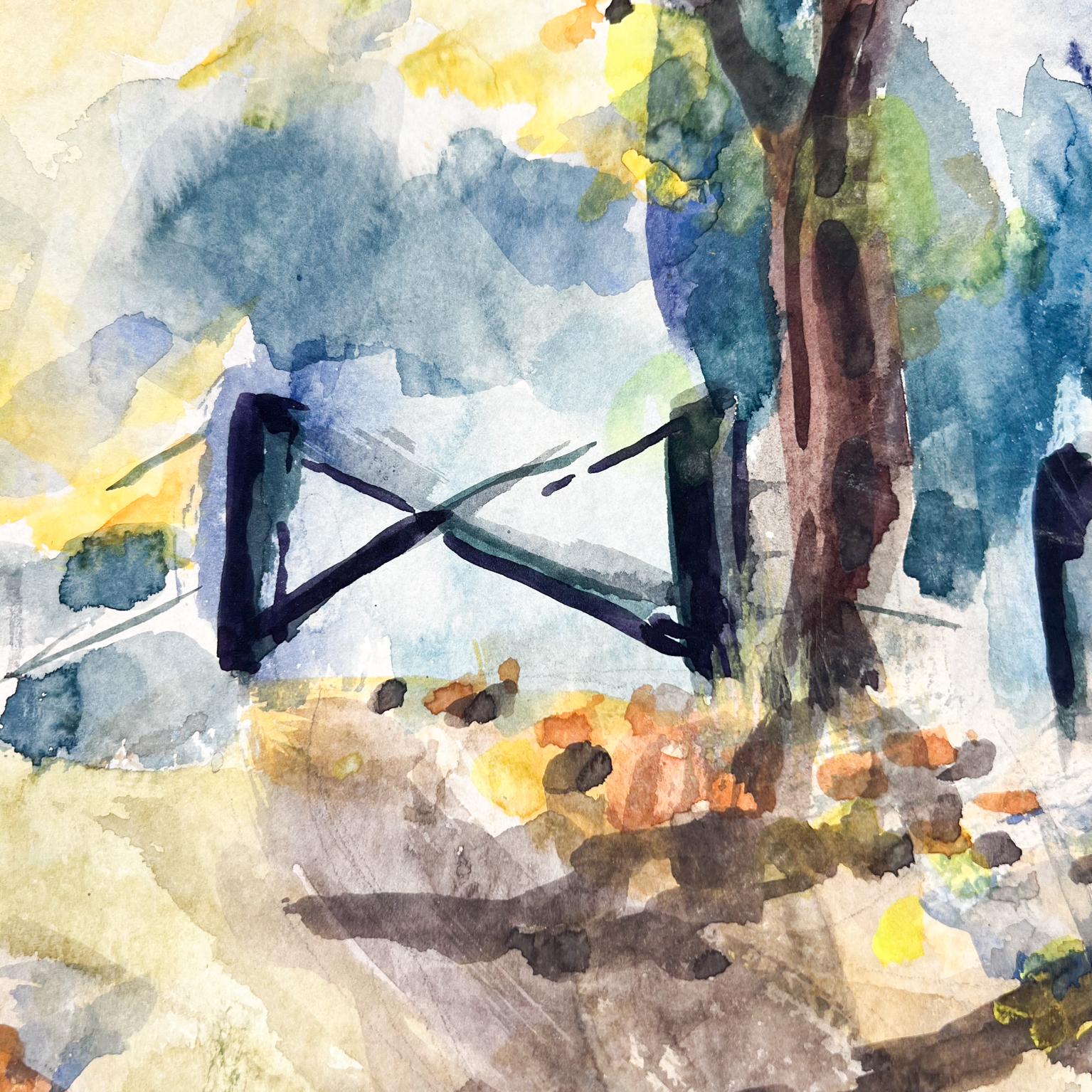 1960s Mid-Century Modern Blue Art Watercolor Abstract Landscape Signed For Sale 4