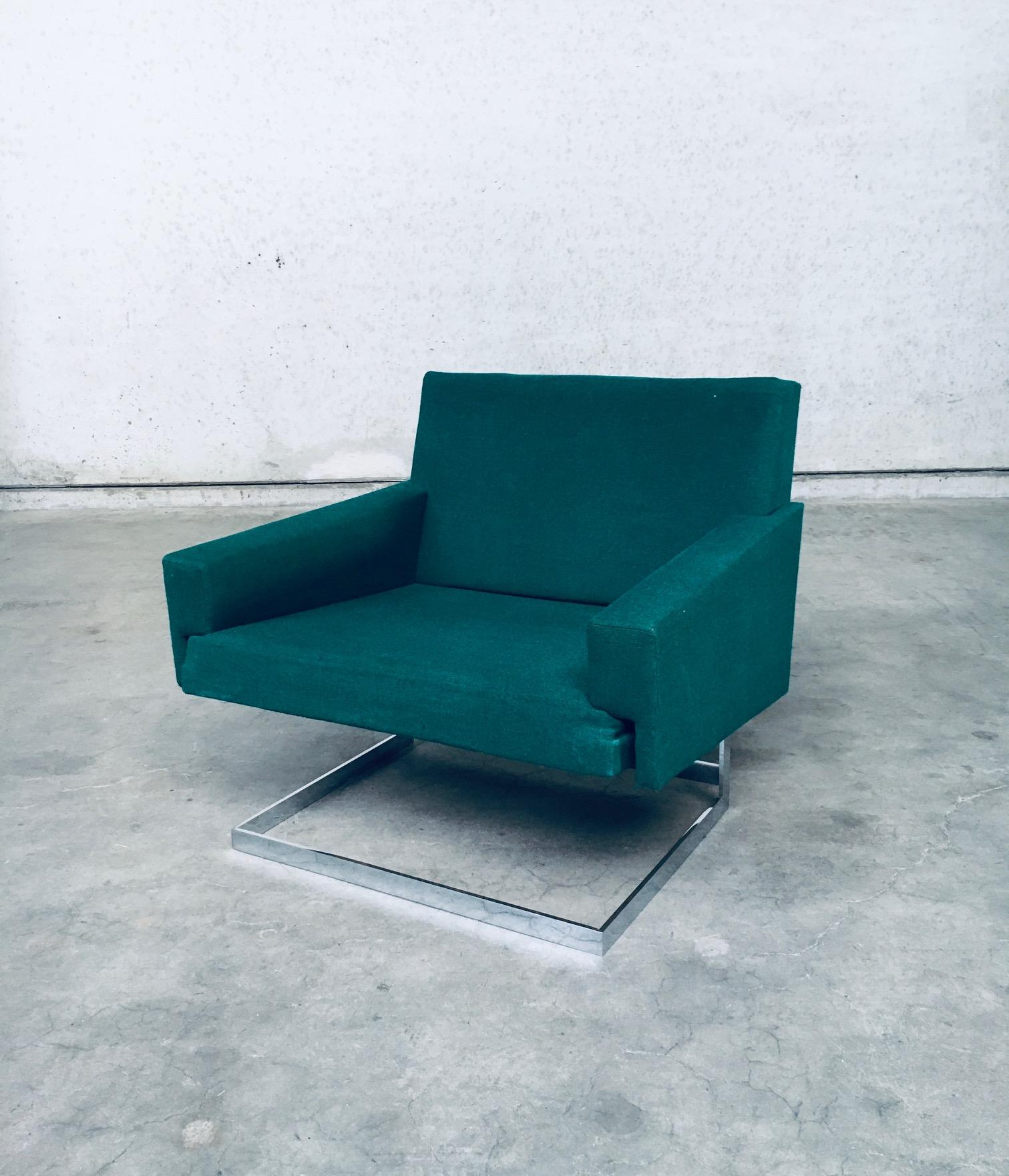 Vintage Midcentury Modern Belgian Design Floating Lounge Chair. Made in Belgium, 1960's period. Square architectural design arm chair in the manner of Pierre Guariche. Green fabric covered seat on chrome base. The chair has the impression to be