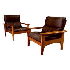 1960's Midcentury Modern Design Leather Teak Lounge Chair set 2