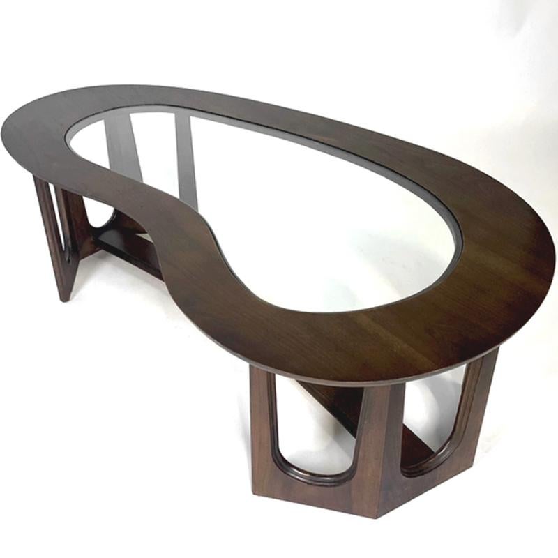 1960s Midcentury Modern Freeform Amoeba Biomorphic Glass and Wood Coffee Table In Good Condition In Hudson, NY