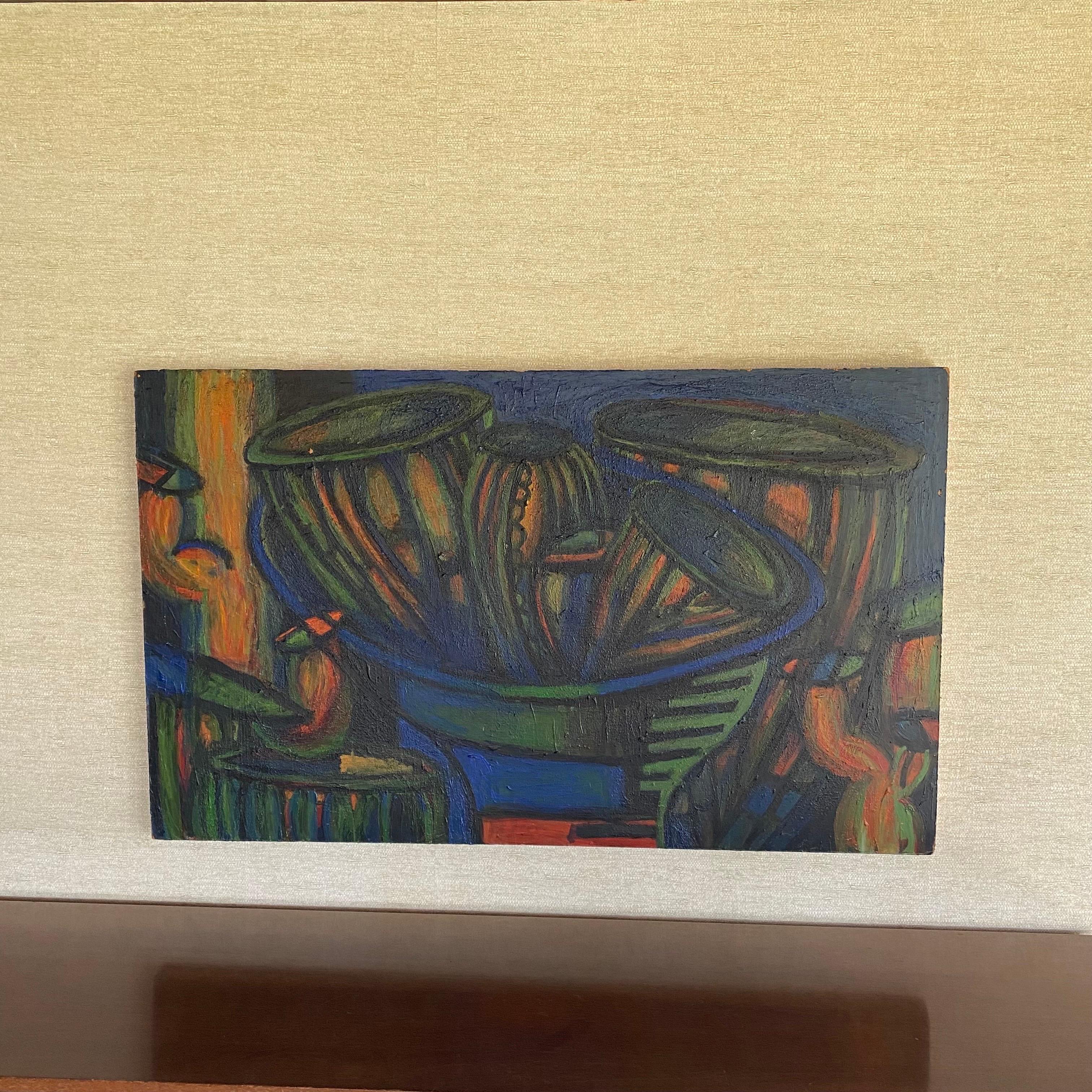 1960’s Midcentury Modern Oil on Board Abstract Jazz Scene In Good Condition In Munroe Falls, OH