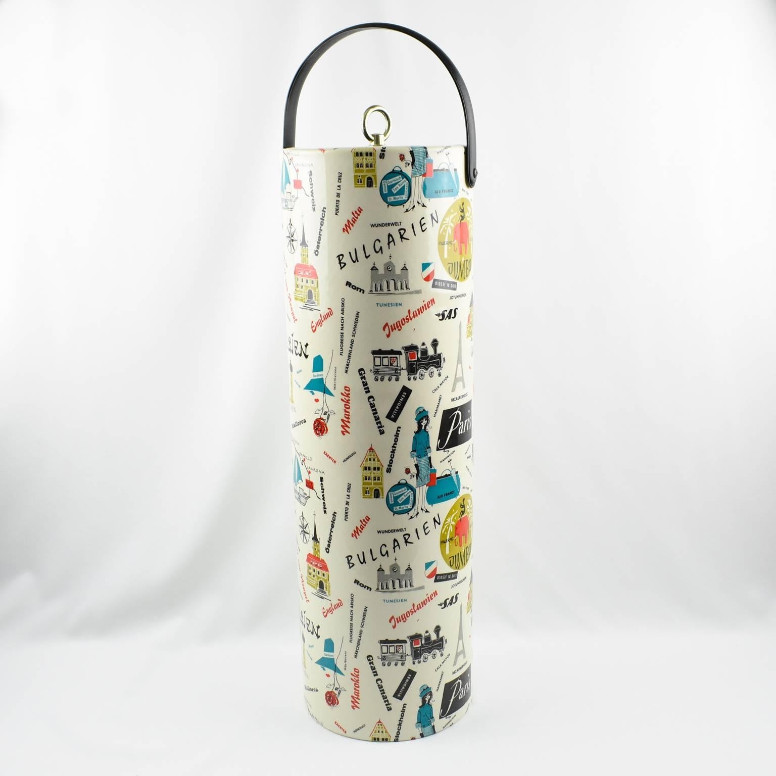 Stunning Mid-Century Modern barware accessory by Morgan & Company from their Morgan Designs Bucket Brigade collection. Extra tall cylindric shape body with lid and handle. You can named it 'Invitation au voyage' (Invitation to travel). This ice