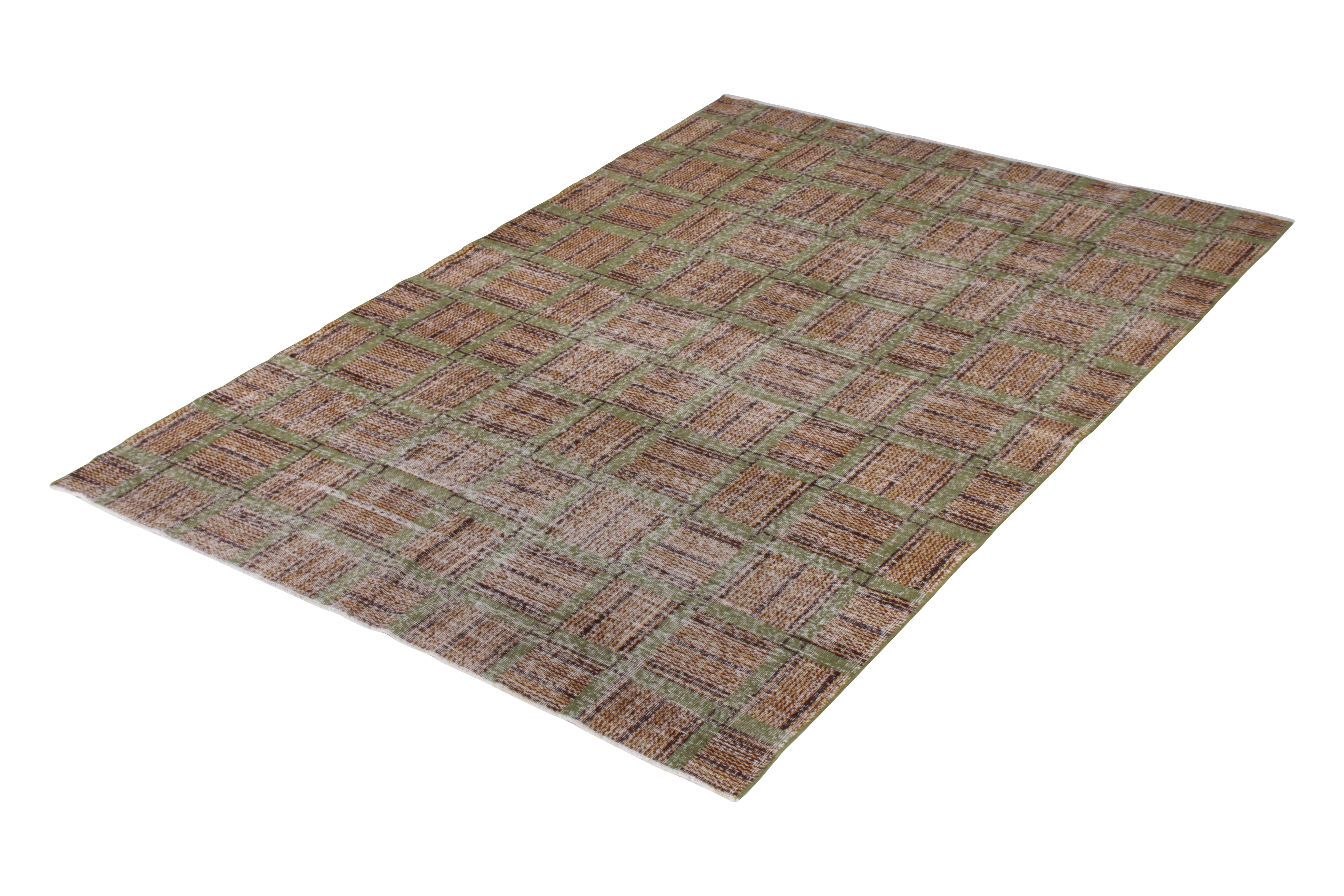 Mid-Century Modern 1960s Midcentury Vintage Rug in Beige-Brown and Green Geometric Pattern
