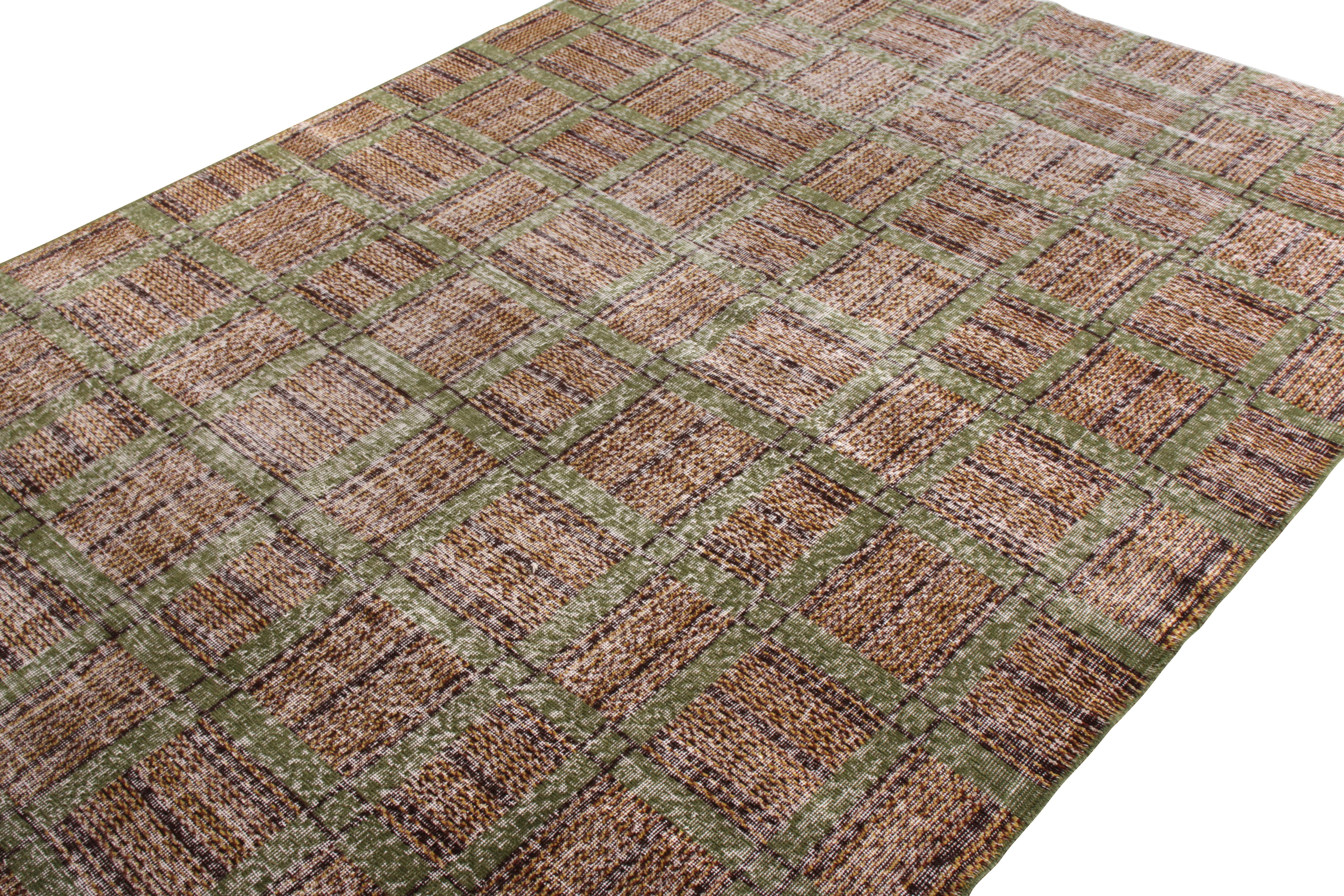 Turkish 1960s Midcentury Vintage Rug in Beige-Brown and Green Geometric Pattern