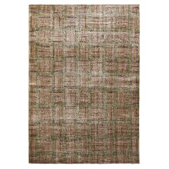 1960s Midcentury Vintage Rug in Beige-Brown and Green Geometric Pattern