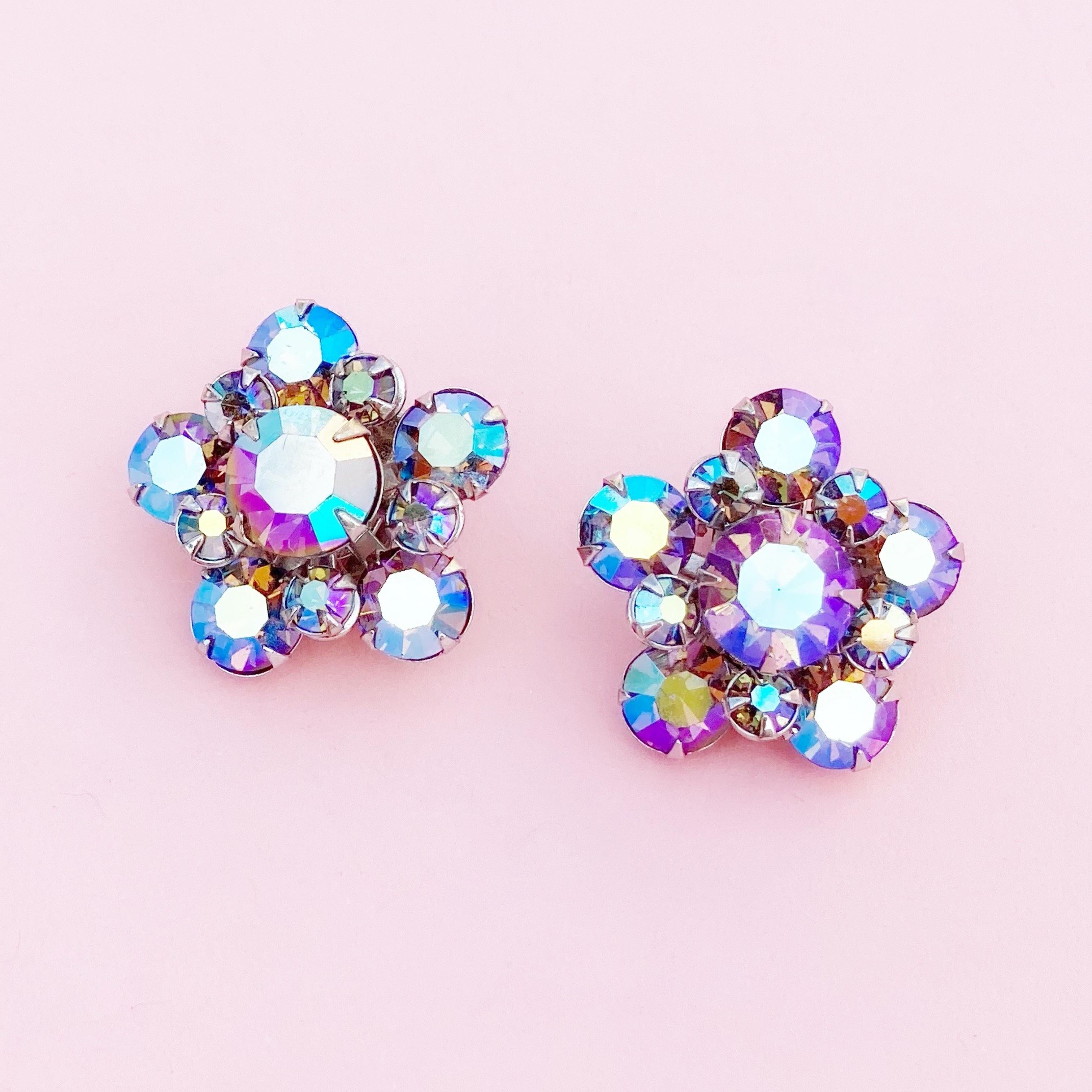 Modern 1960s Midnight Blue Aurora Borealis Crystal Rhinestone Floral Cluster Earrings