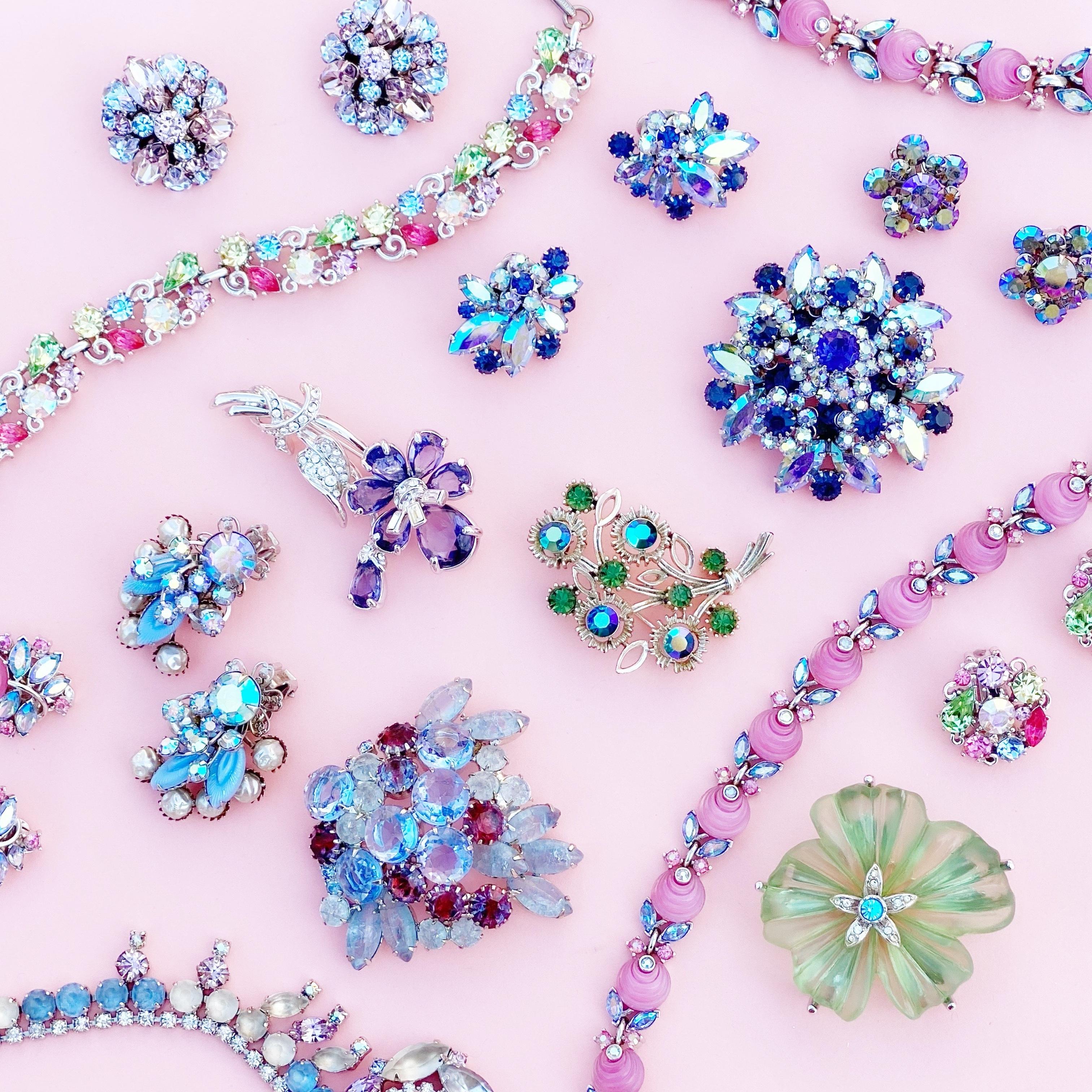 1960s Midnight Blue Aurora Borealis Crystal Rhinestone Floral Cluster Earrings 2