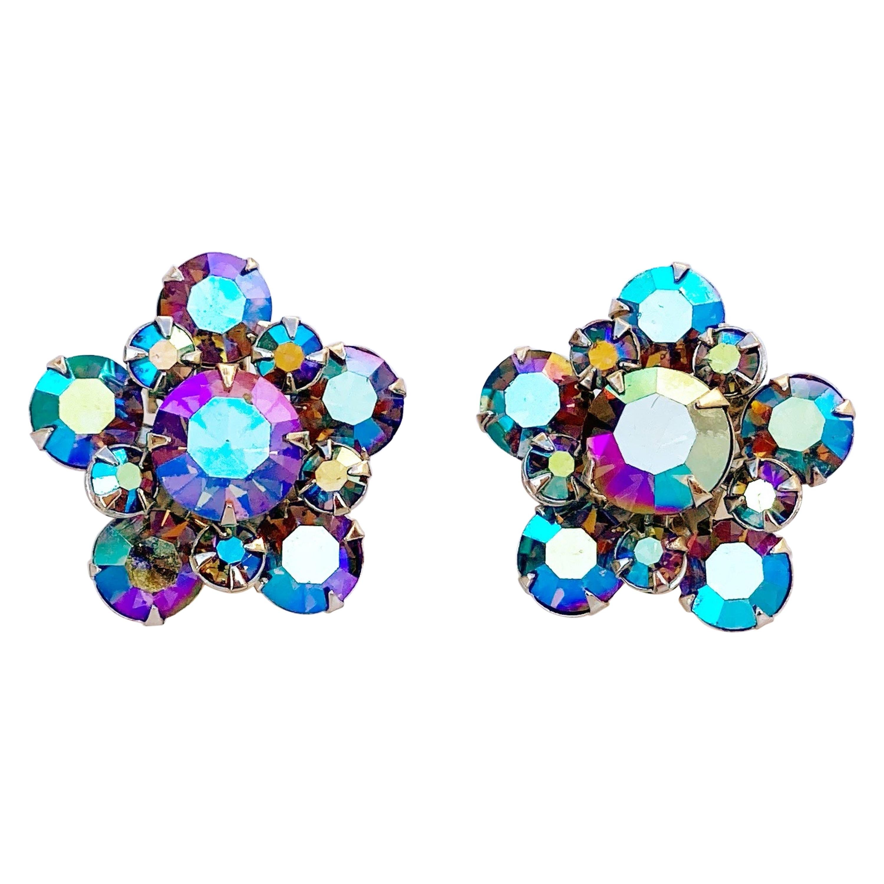 1960s Midnight Blue Aurora Borealis Crystal Rhinestone Floral Cluster Earrings
