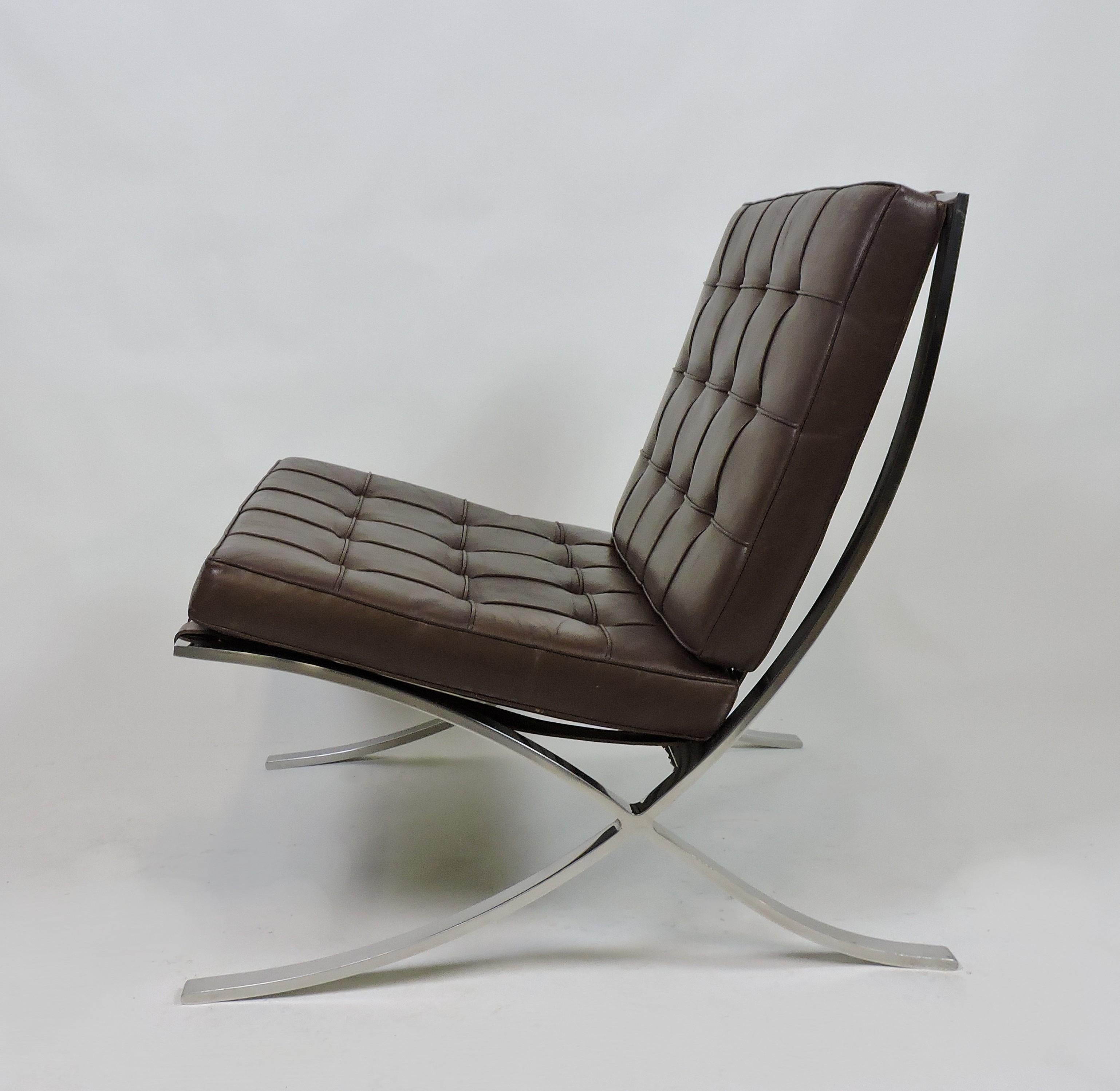 Polished 1960s Mies van der Rohe Knoll Bacelona Stainless Steel and Leather Chair 