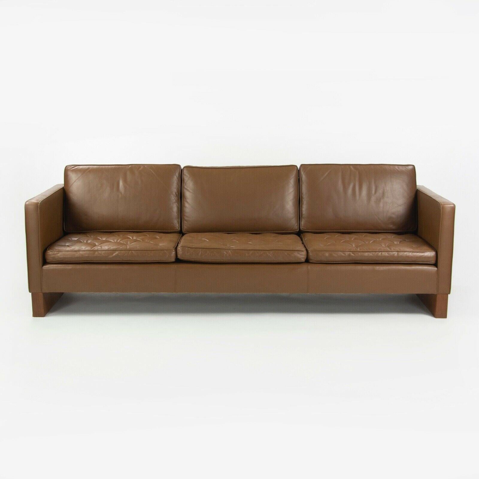 Mid-20th Century 1960s Mies Van Der Rohe for Knoll International Brown Leather Three Seat Sofa For Sale