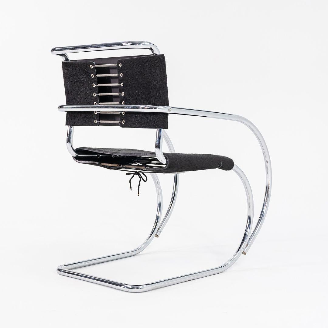 1960s Mies Van Der Rohe for Knoll MR 20 Dining Chair w/ Arms in Hair on Hide In Good Condition For Sale In Philadelphia, PA
