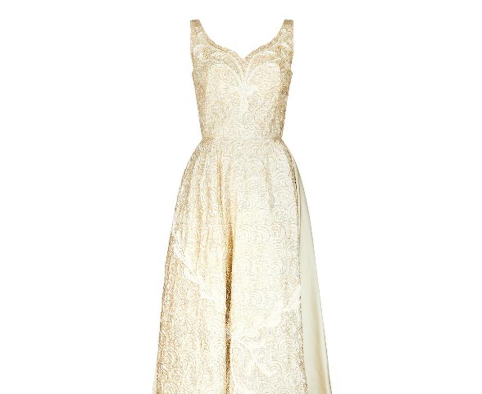 White 1960s Mike Bennett Ivory Sequinned Evening Dress or Wedding Gown