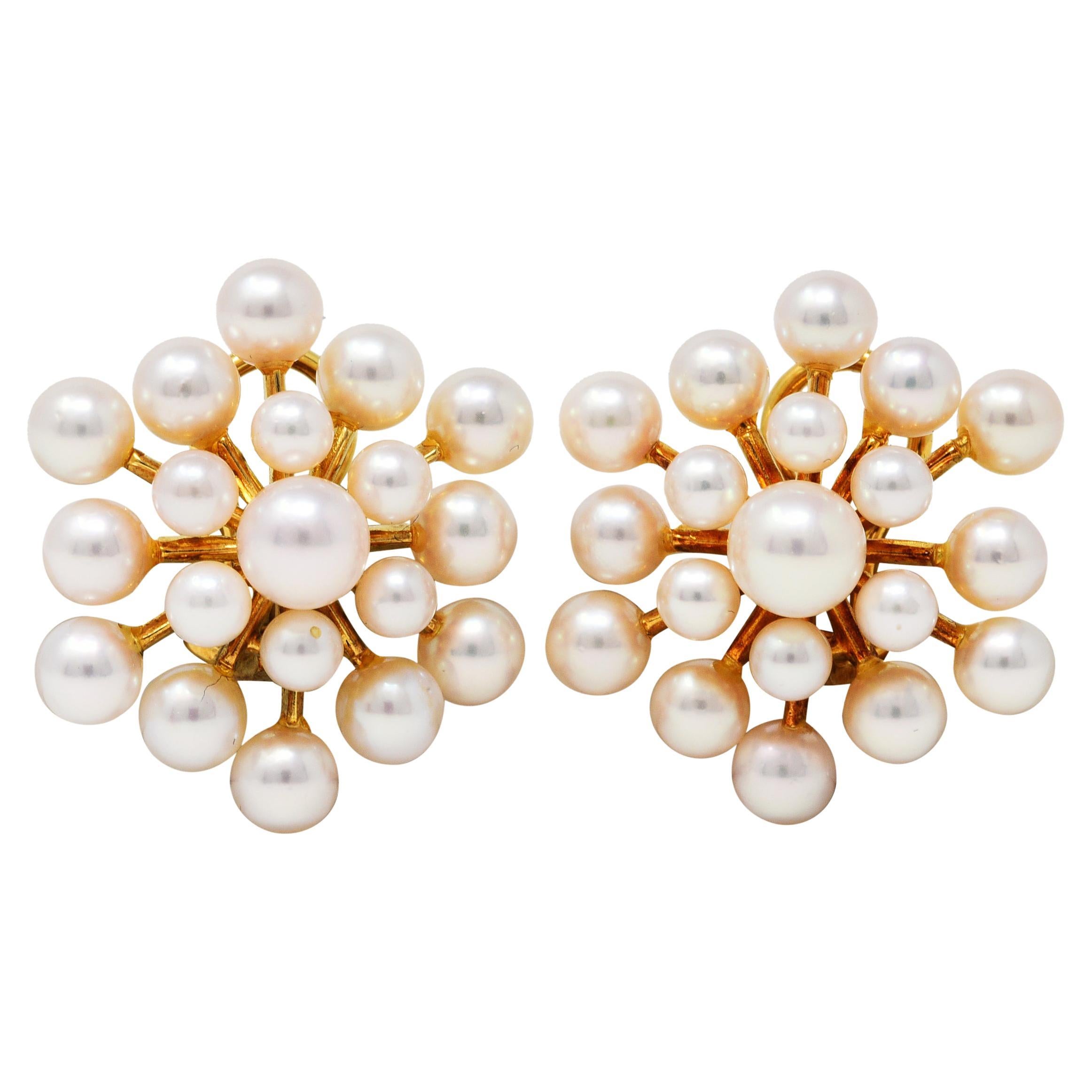 1960
s Mikimoto Pearl 18 Karat Gold Burst Cluster Earrings