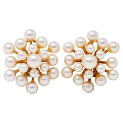 Vintage 1960's Mikimoto Pearl 18 Karat Gold Burst Cluster Earrings