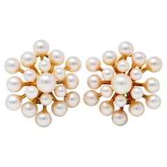 Retro 1960's Mikimoto Pearl 18 Karat Gold Burst Cluster Earrings