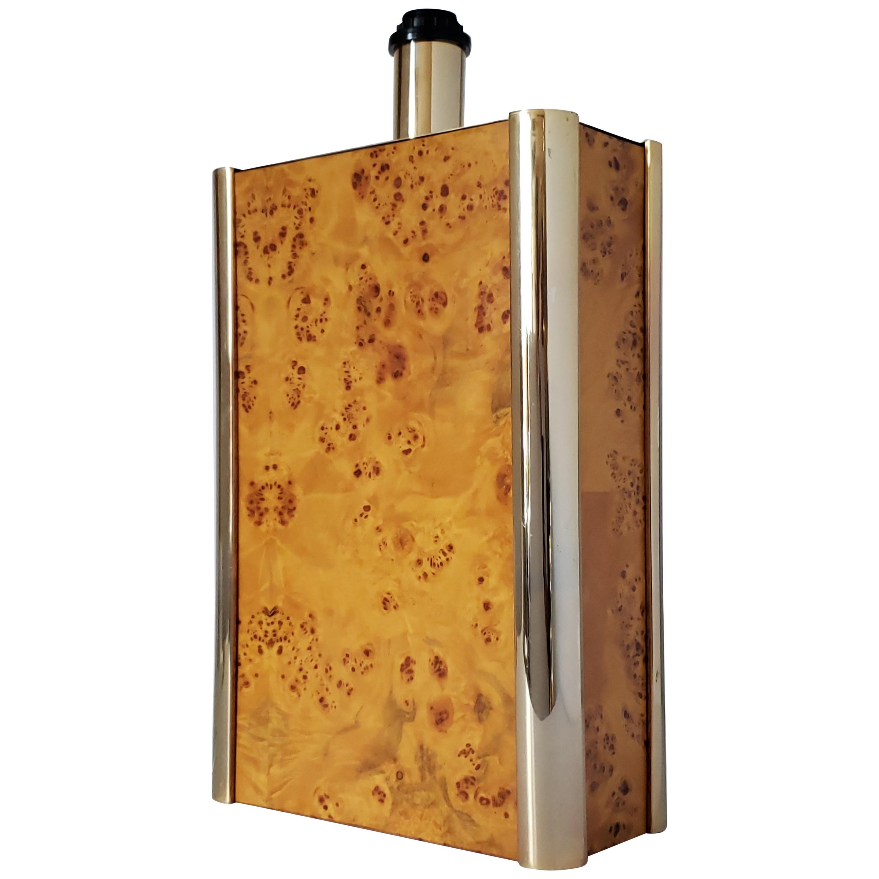 1960s Milo Baughman Style Burl Wood and Brass Tall Table Lamp, USA For Sale