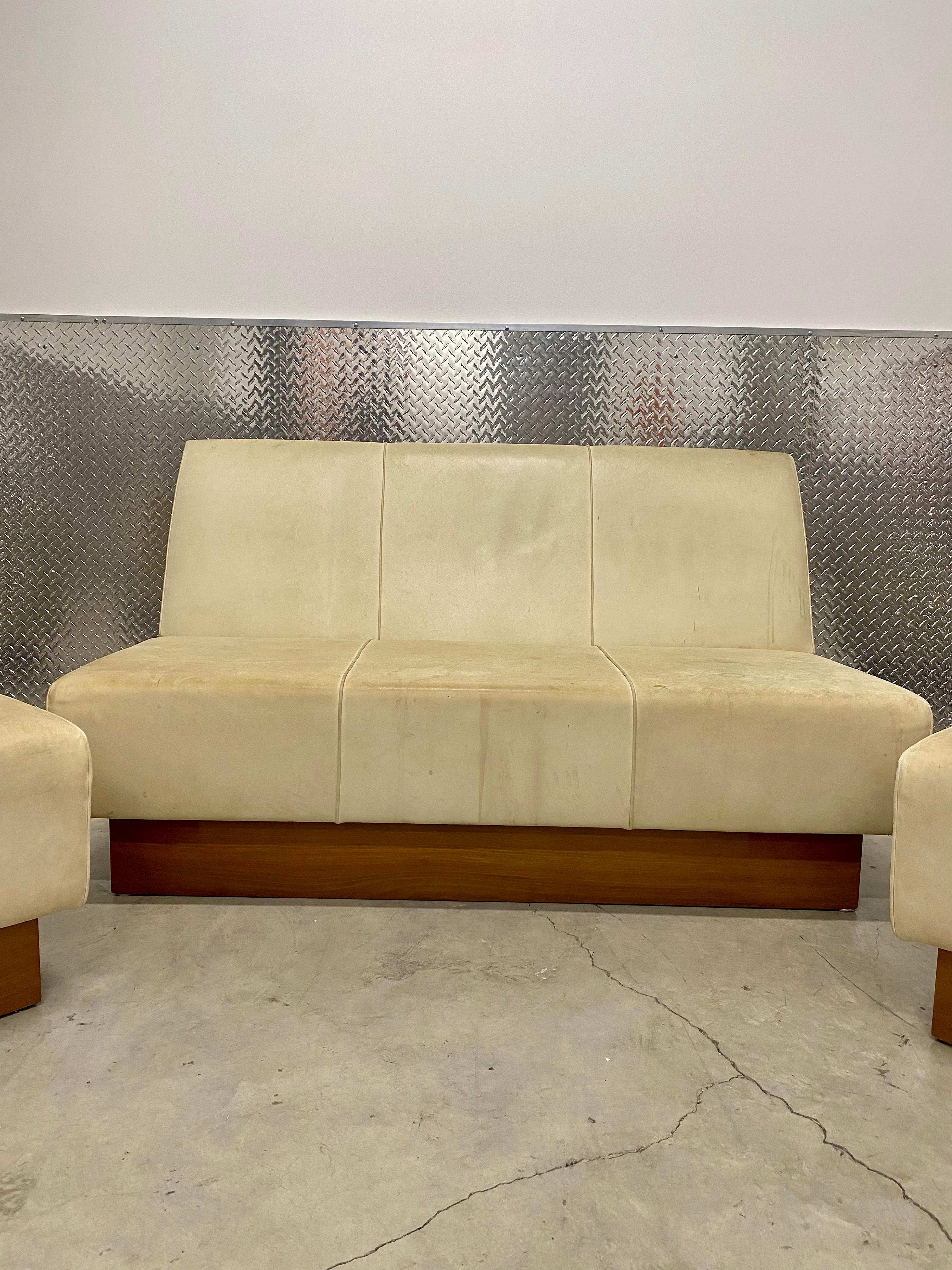 1960s Milo Baughman Leather Plinth Floating Sofa and Chairs, Set of 3 For Sale 9