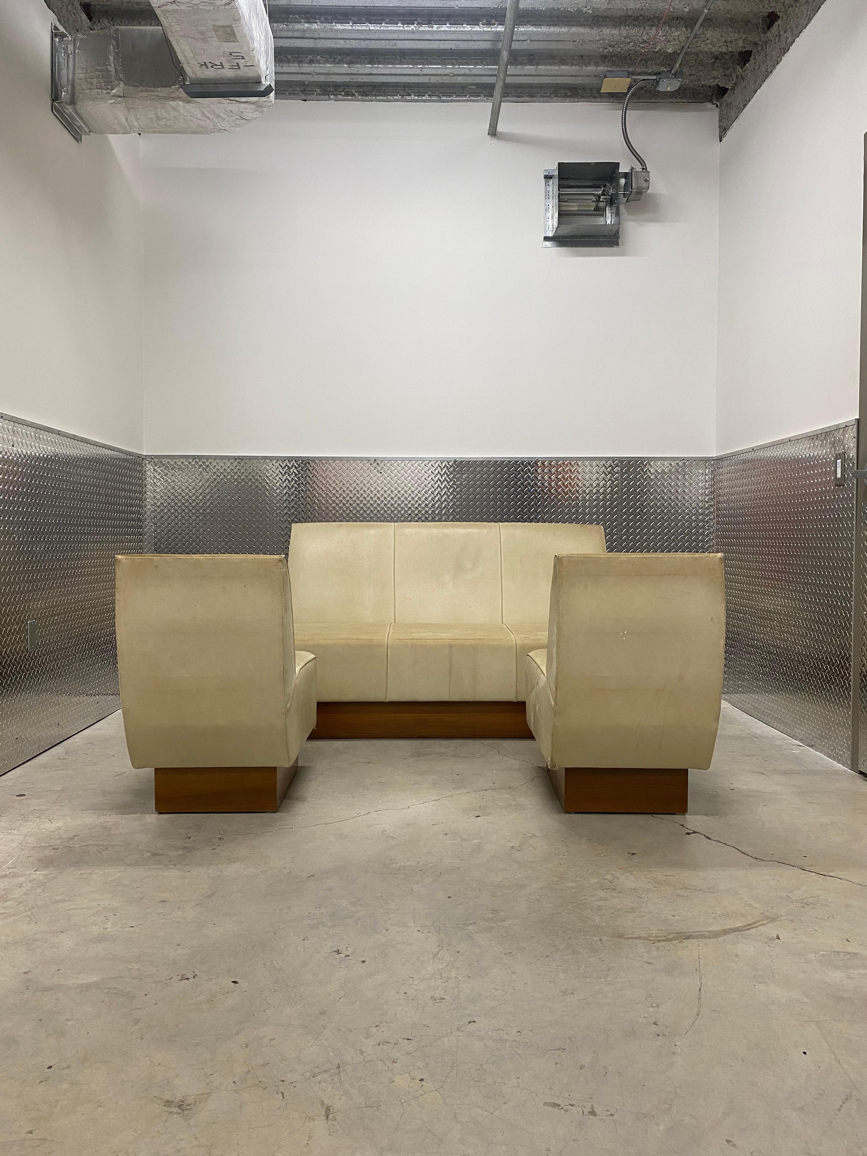 Mid-20th Century 1960s Milo Baughman Leather Plinth Floating Sofa and Chairs, Set of 3 For Sale