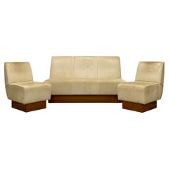 1960s Milo Baughman Leather and Wood Sofa and Chairs, Set of 3
