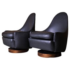 1960s Milo Baughman Petit Swivel Chairs in Woven Leatherette and Rosewood, Pair