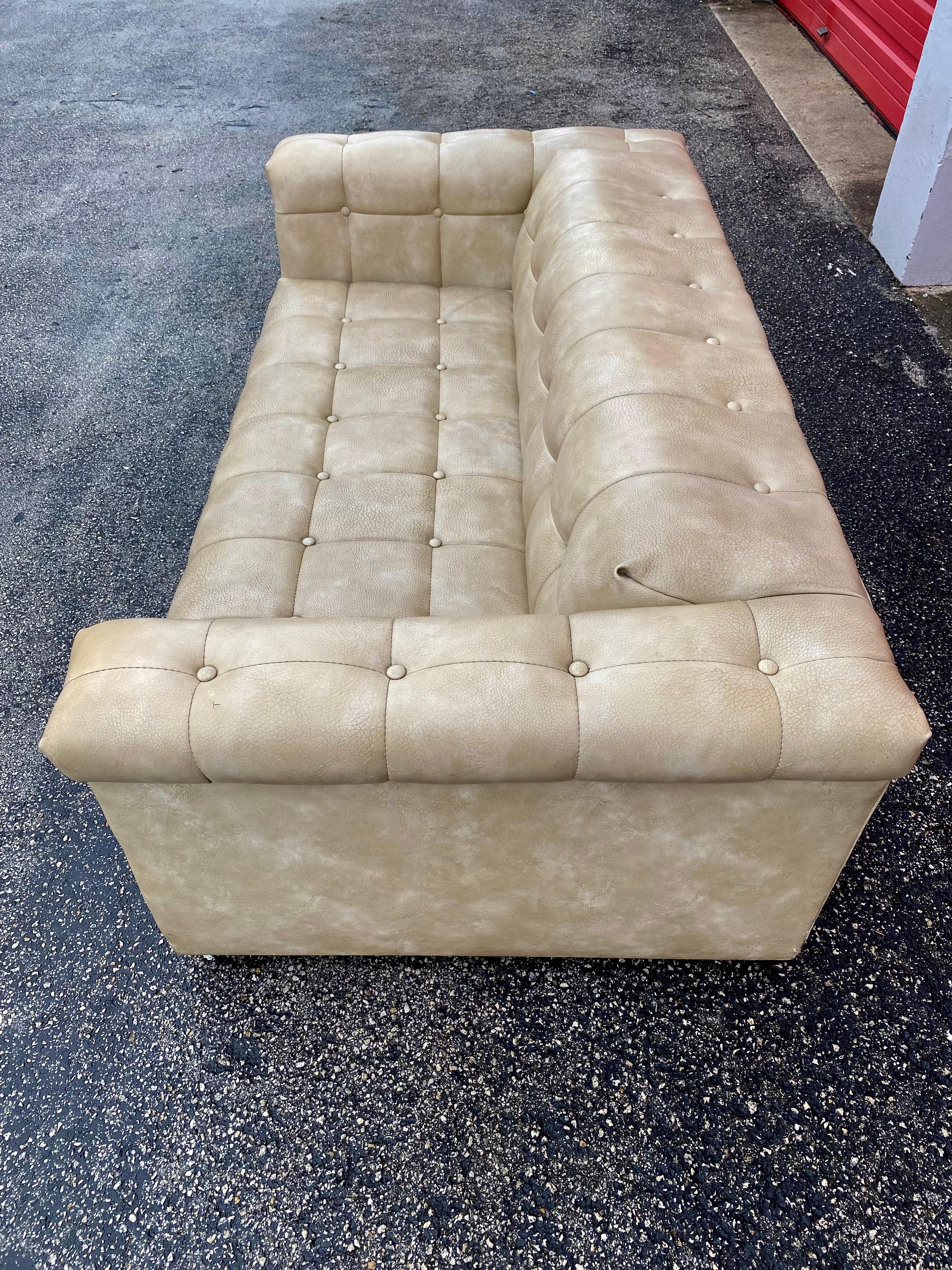 1960s Milo Baughman Style Button-Tufted Biscuit Distressed Sofa For Sale 3