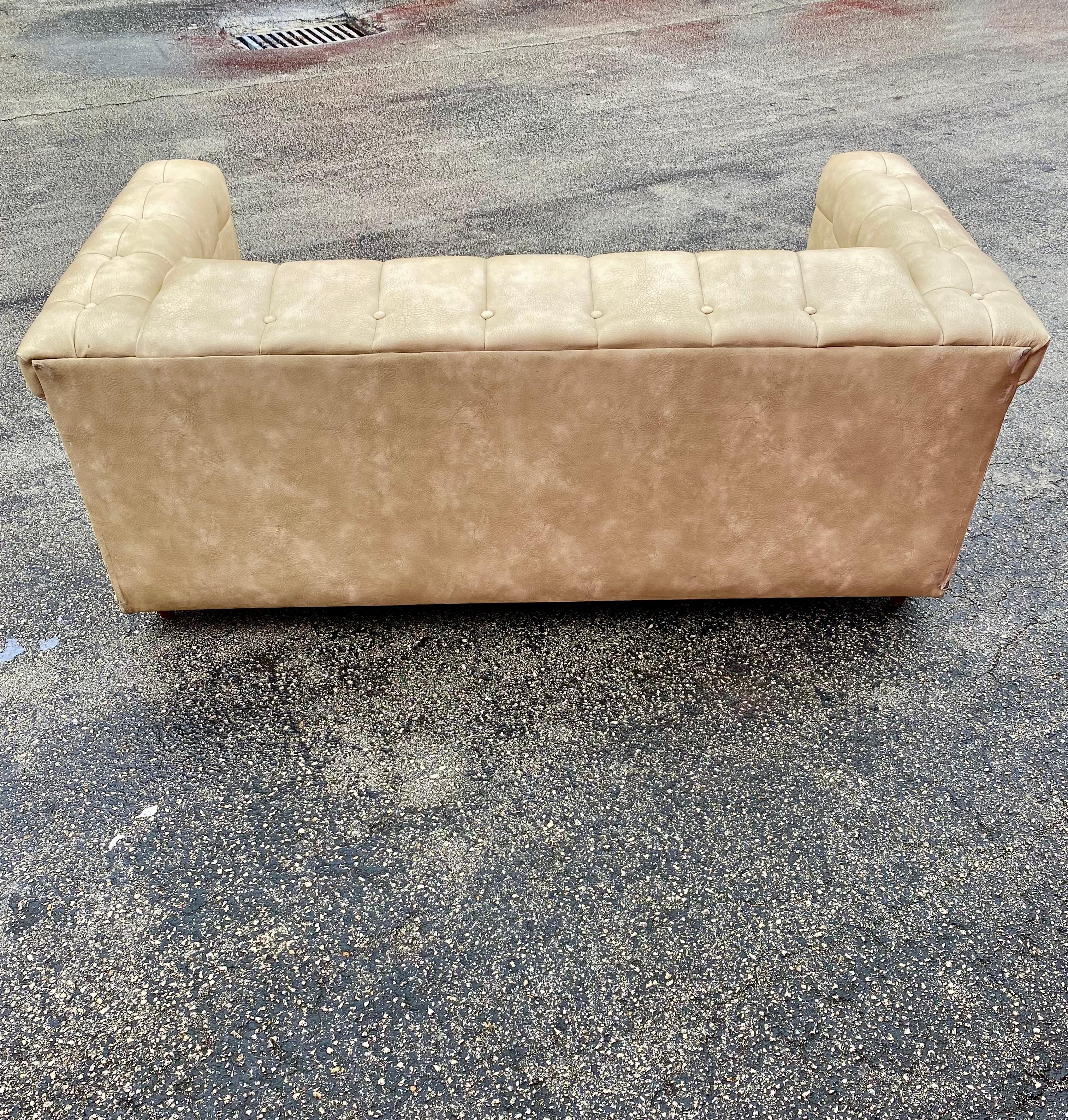 1960s Milo Baughman Style Button-Tufted Biscuit Distressed Sofa For Sale 4