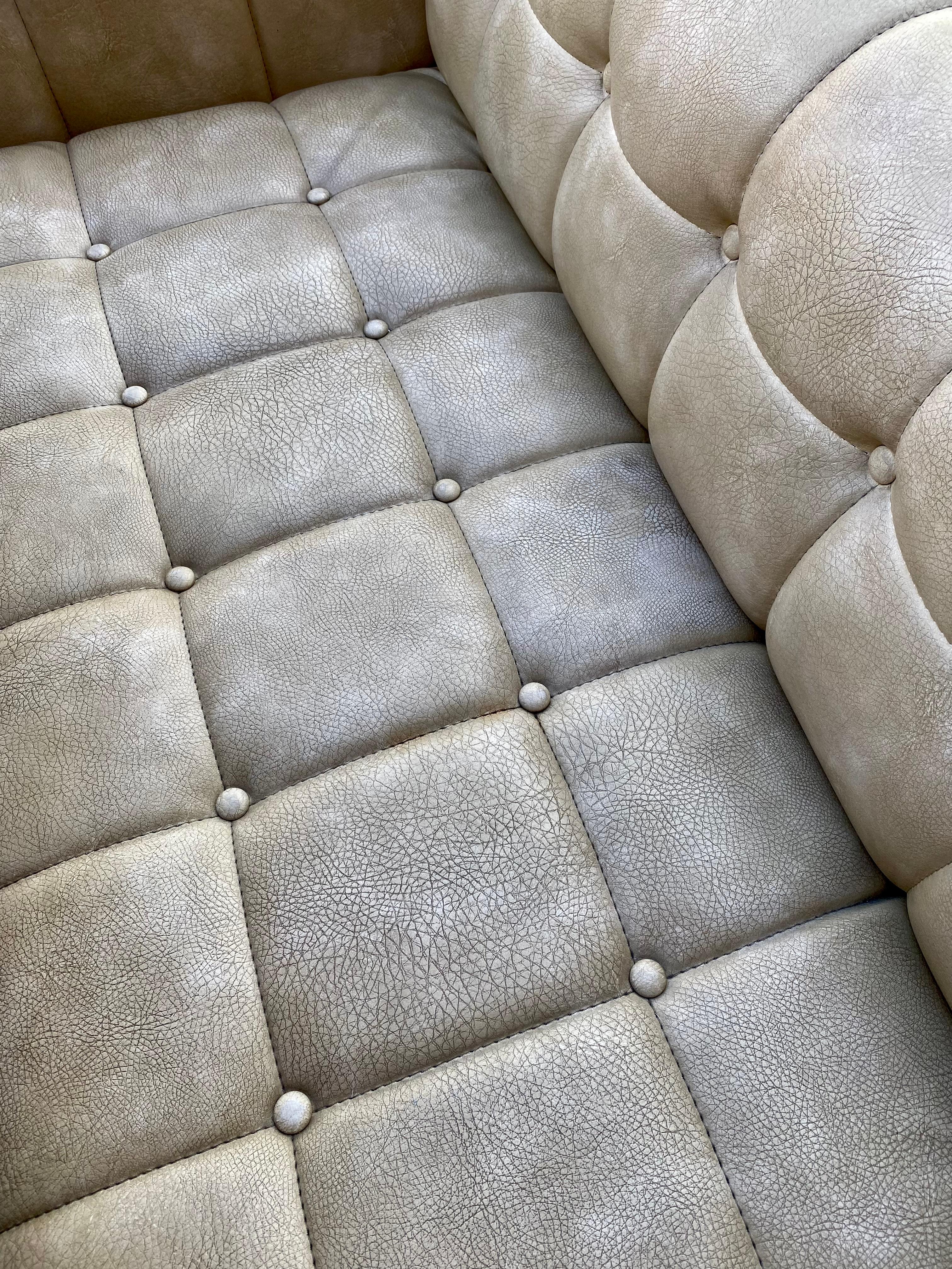 1960s Milo Baughman Style Button-Tufted Biscuit Distressed Sofa For Sale 7