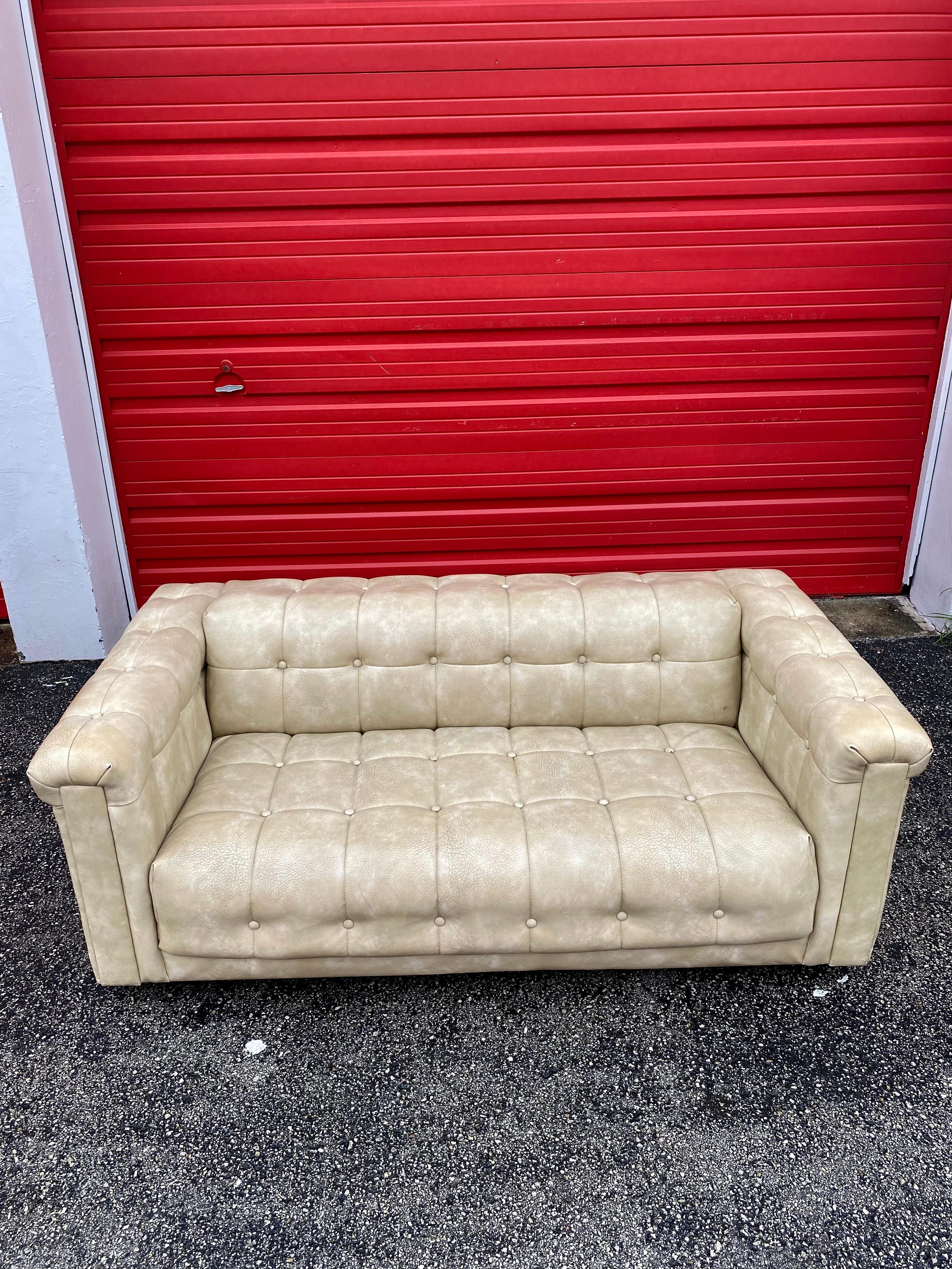 American 1960s Milo Baughman Style Button-Tufted Biscuit Distressed Sofa For Sale