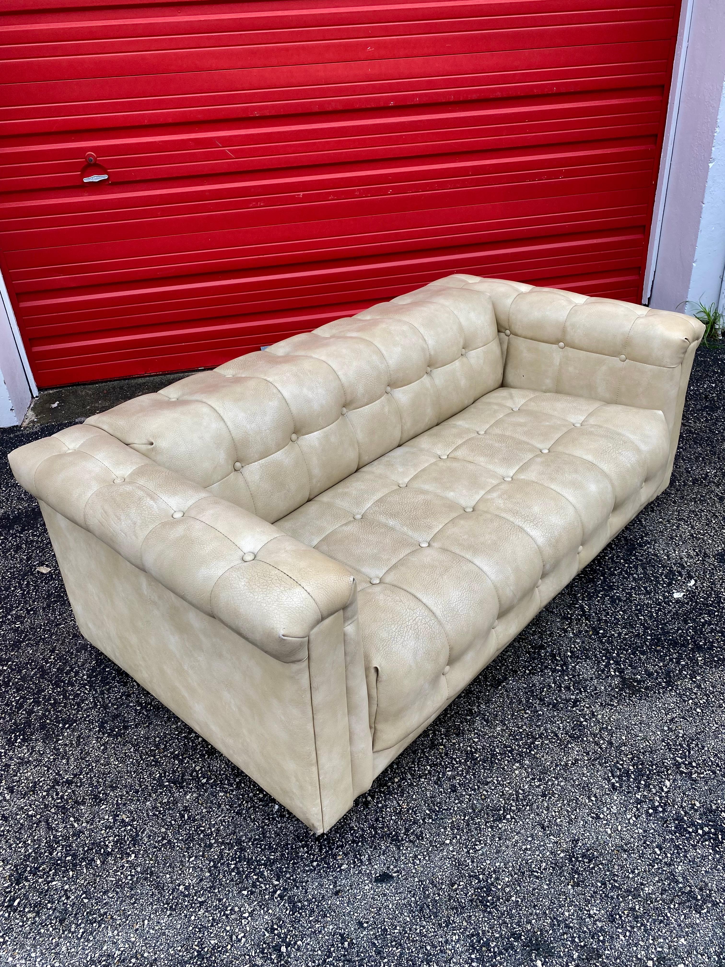 1960s Milo Baughman Style Button-Tufted Biscuit Distressed Sofa For Sale 1