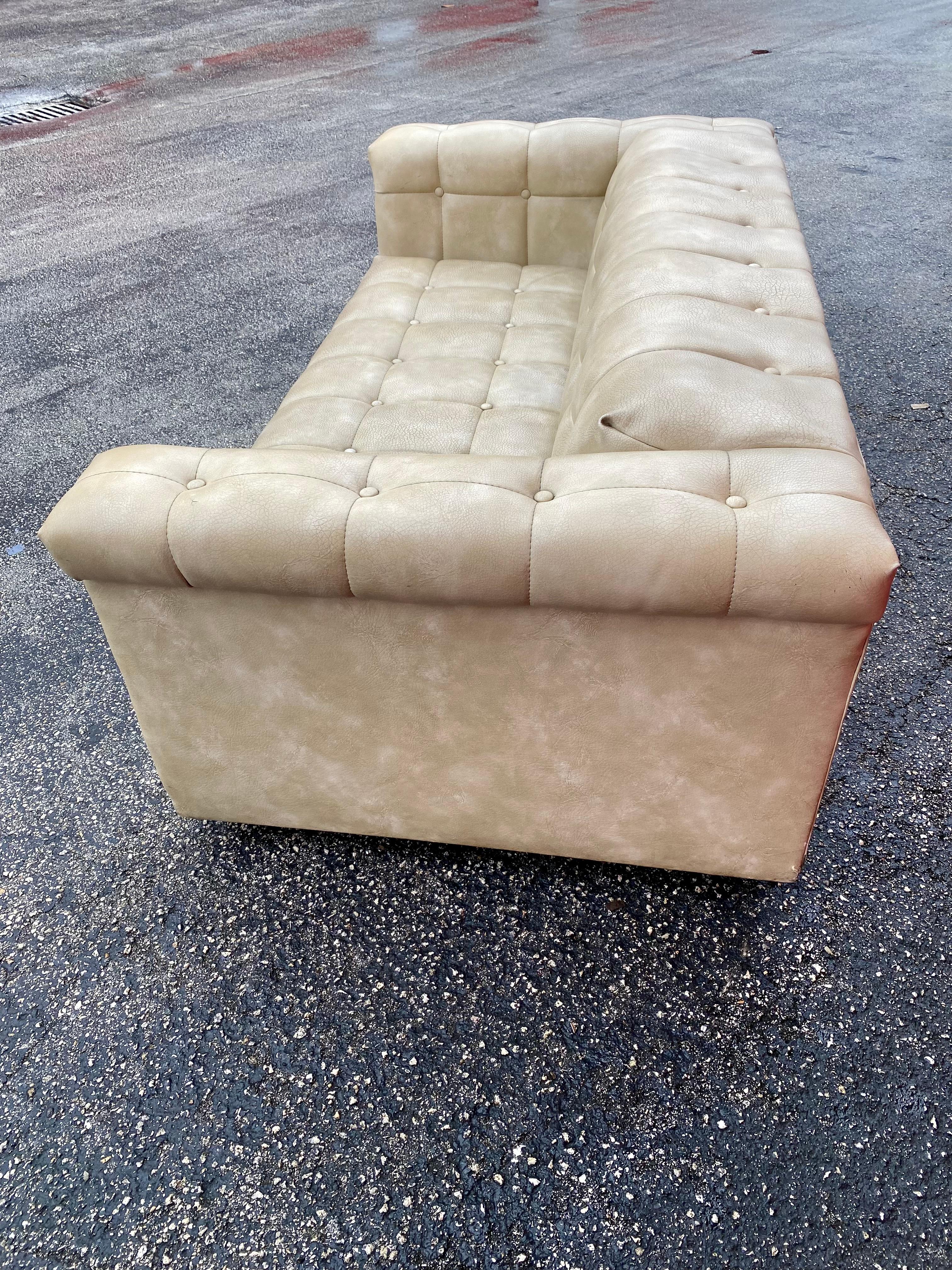 1960s Milo Baughman Style Button-Tufted Biscuit Distressed Sofa For Sale 2