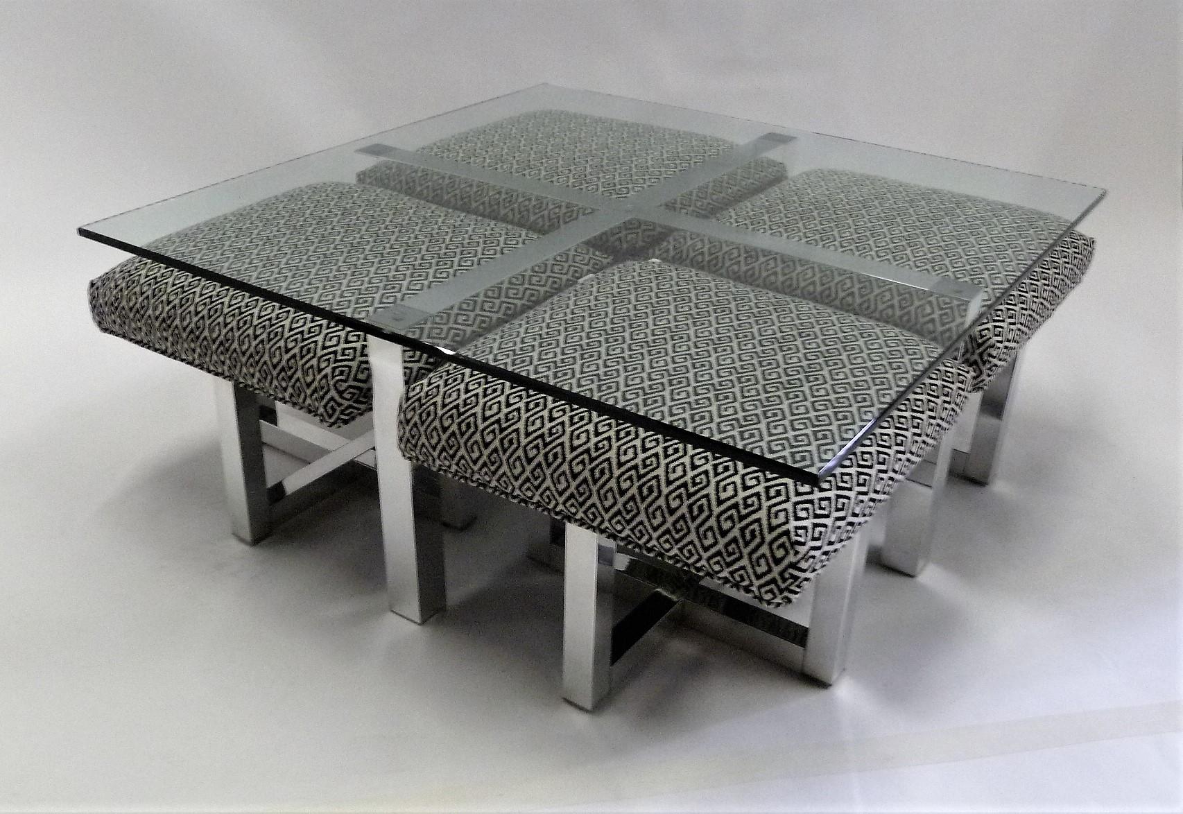Mid-20th Century 1960s Milo Baughman Style Glass Top Coffee Table with Nesting Ottomans