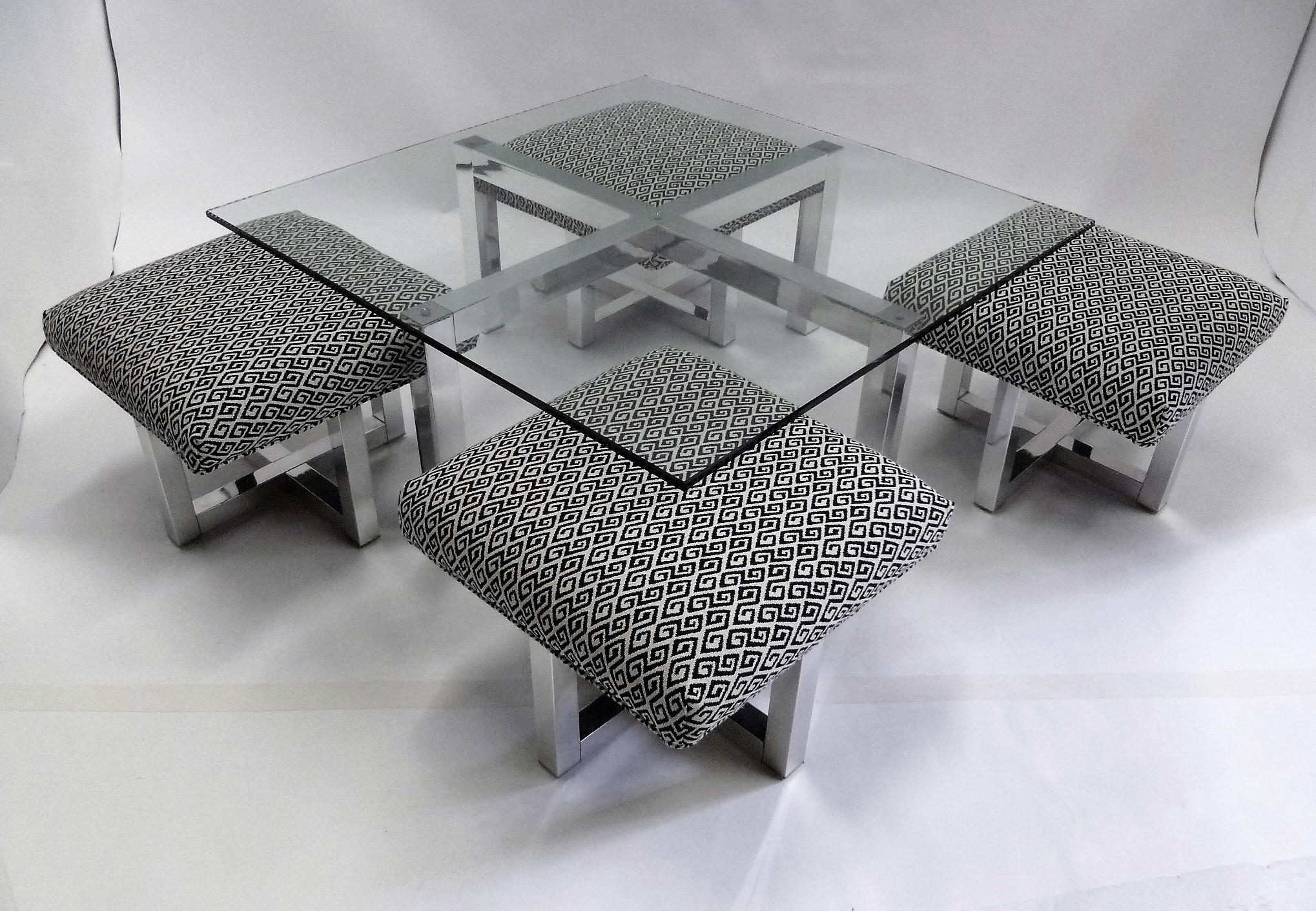 Upholstery 1960s Milo Baughman Style Glass Top Coffee Table with Nesting Ottomans