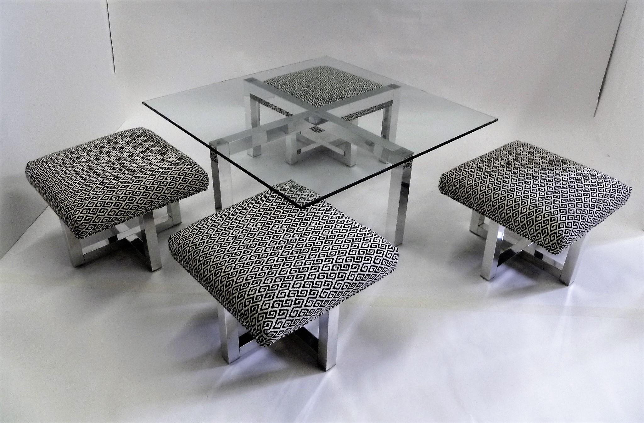 1960s Milo Baughman Style Glass Top Coffee Table with Nesting Ottomans 1