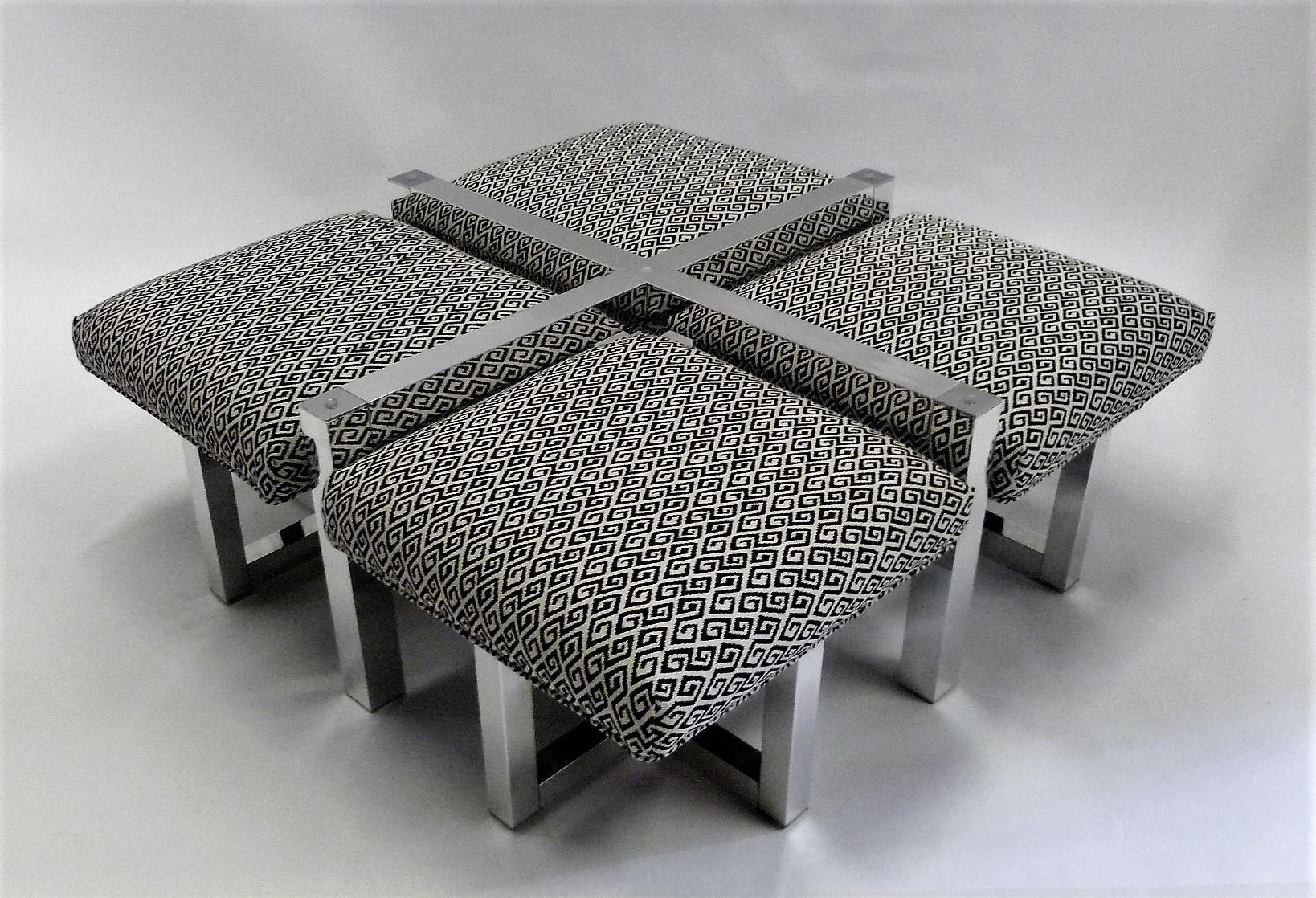 1960s Milo Baughman Style Glass Top Coffee Table with Nesting Ottomans 4