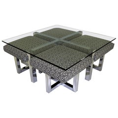 1960s Milo Baughman Style Glass Top Coffee Table with Nesting Ottomans