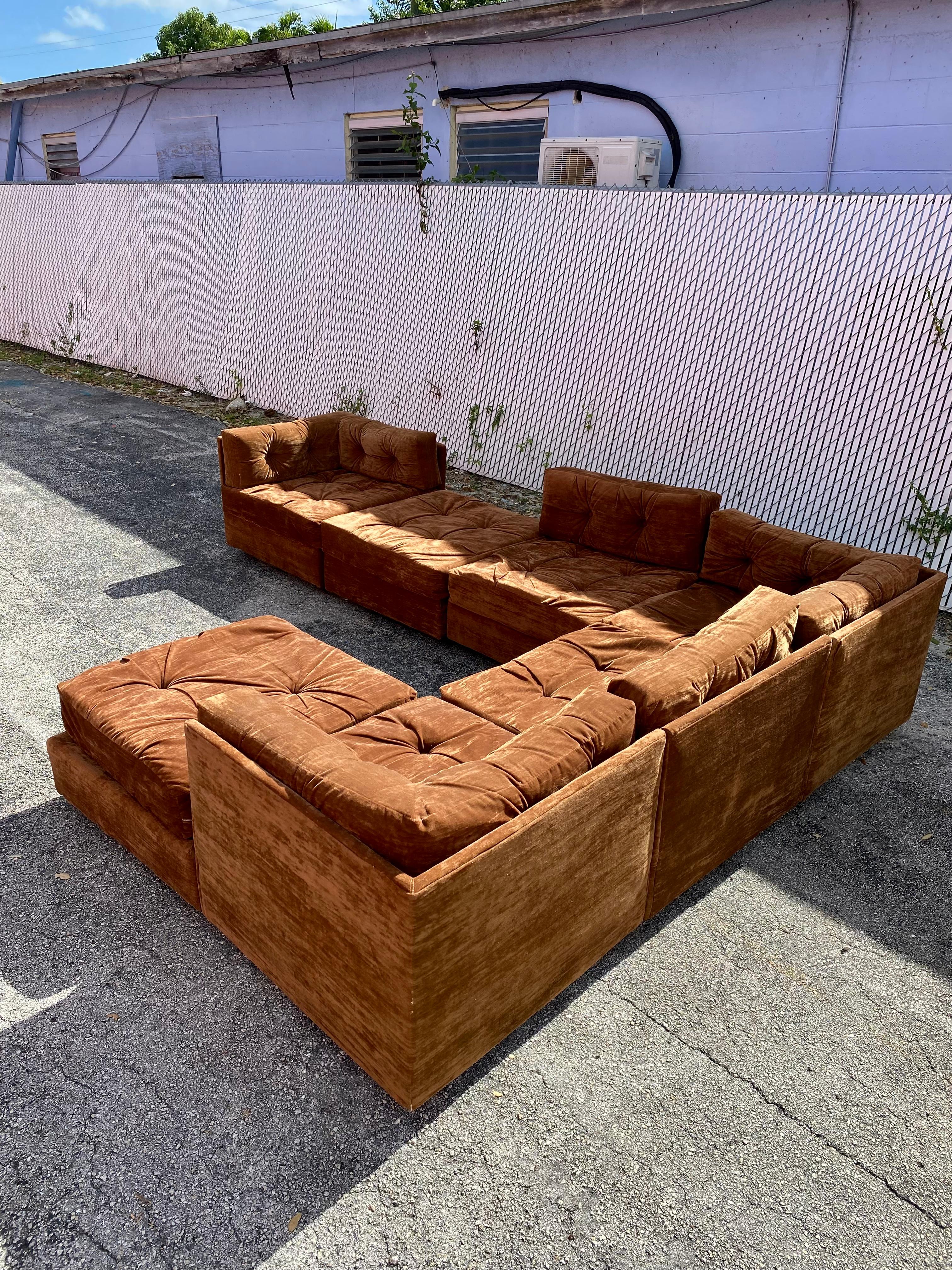 1960s Milo Baughman Velvet Modular Sectional, Set of 7 In Good Condition For Sale In Fort Lauderdale, FL