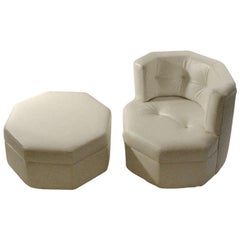 1960s Minimal Orthogonal Chair and Stool Reupholstered in Pearl White Leather 