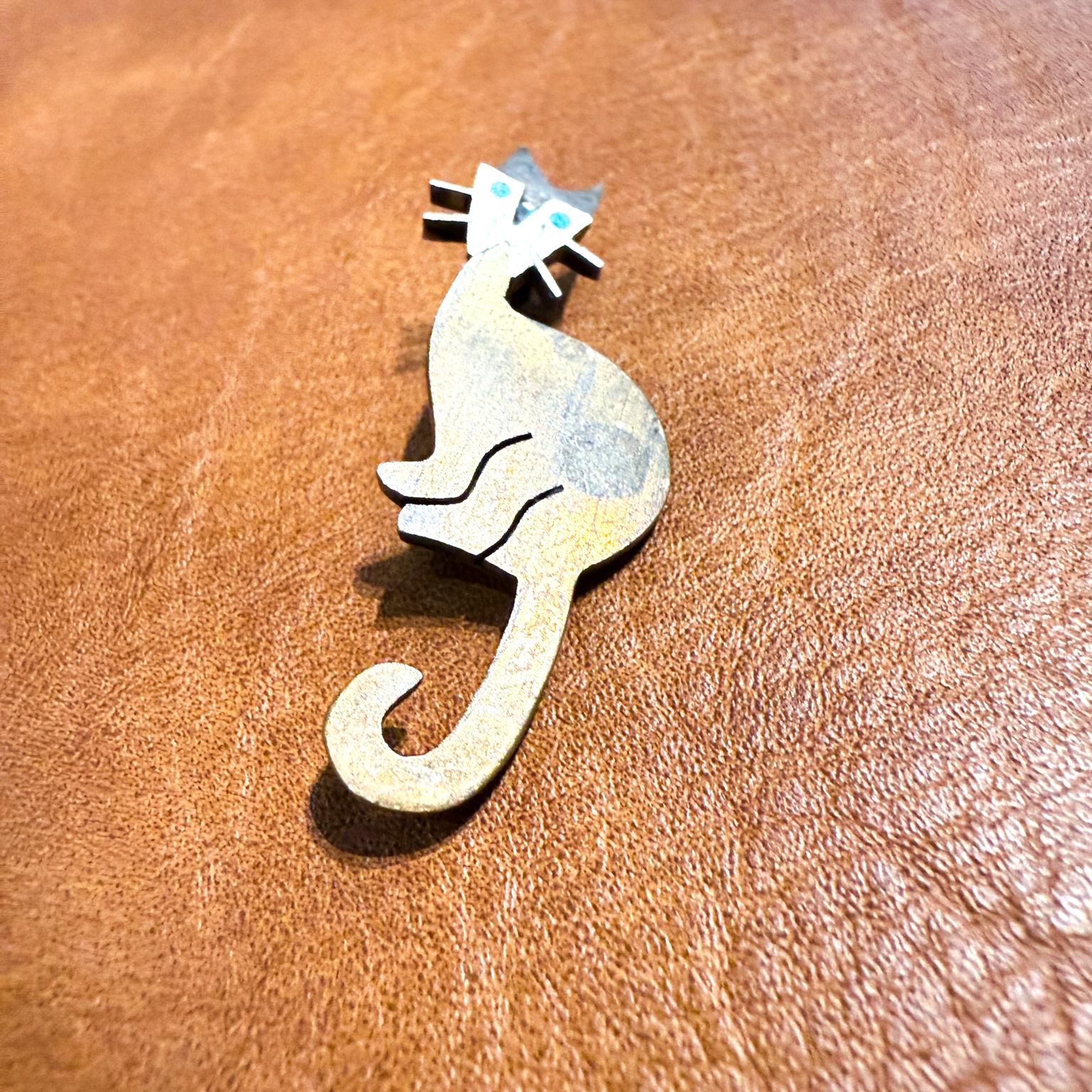 Mid-Century Modern 1950s Mixed Metal Cat Pin Chato Castillo Taxco For Sale