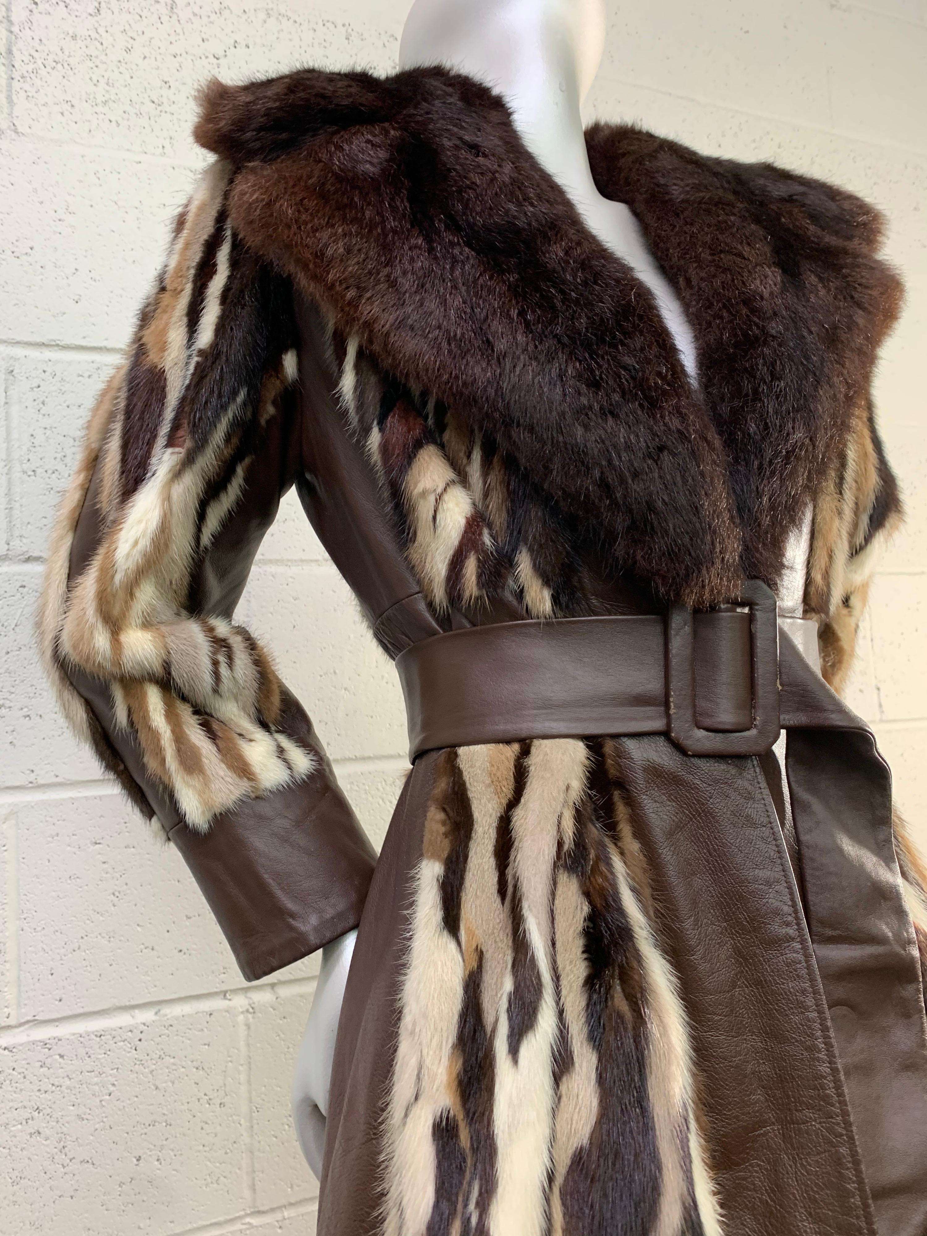 Black 1960s Mink Fur Patchwork Foxy Flared Coat w/ Belt and Wide Fur Trim