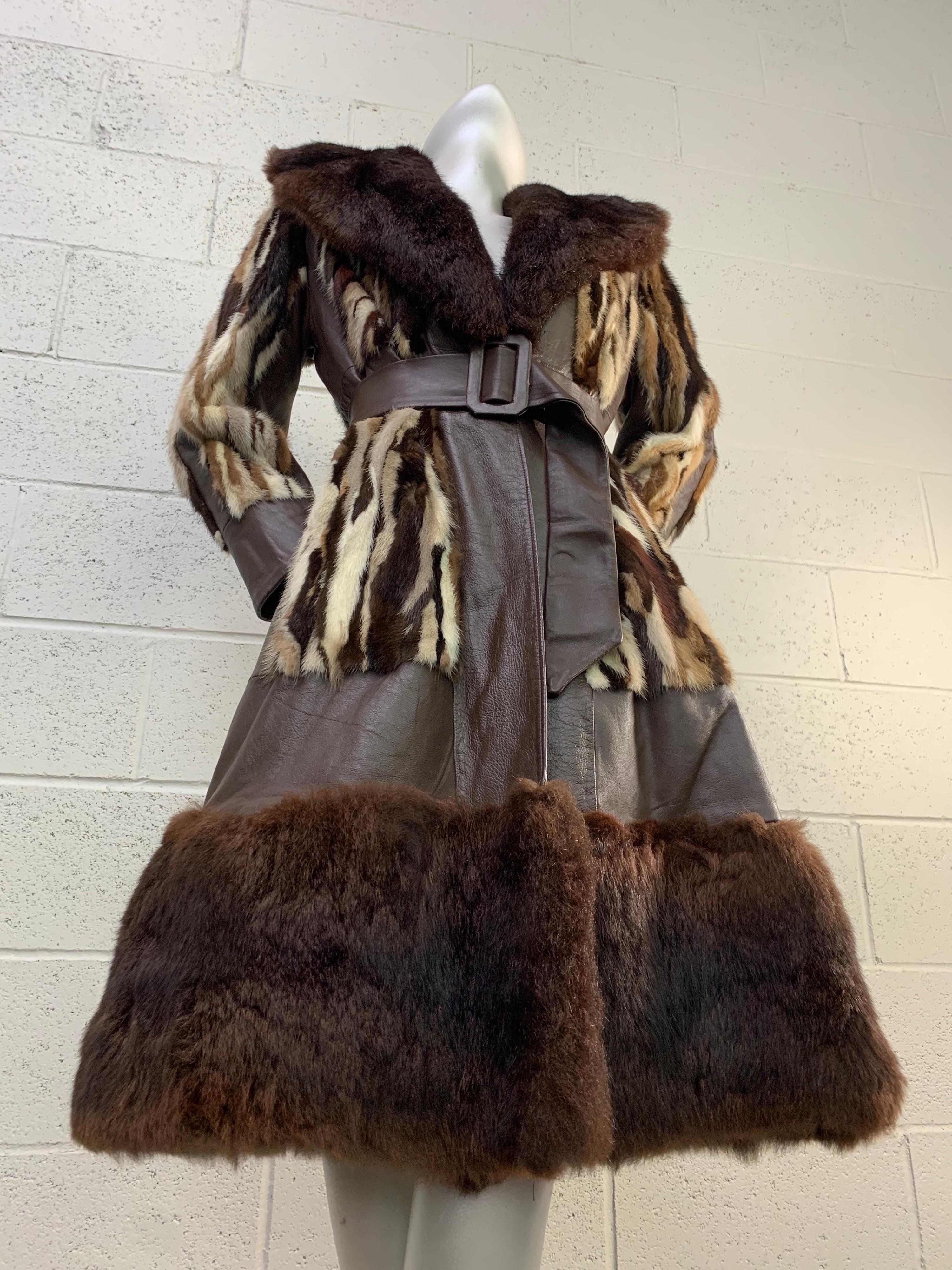 1960s Mink Fur Patchwork Foxy Flared Coat w/ Belt and Wide Fur Trim In Excellent Condition In Gresham, OR