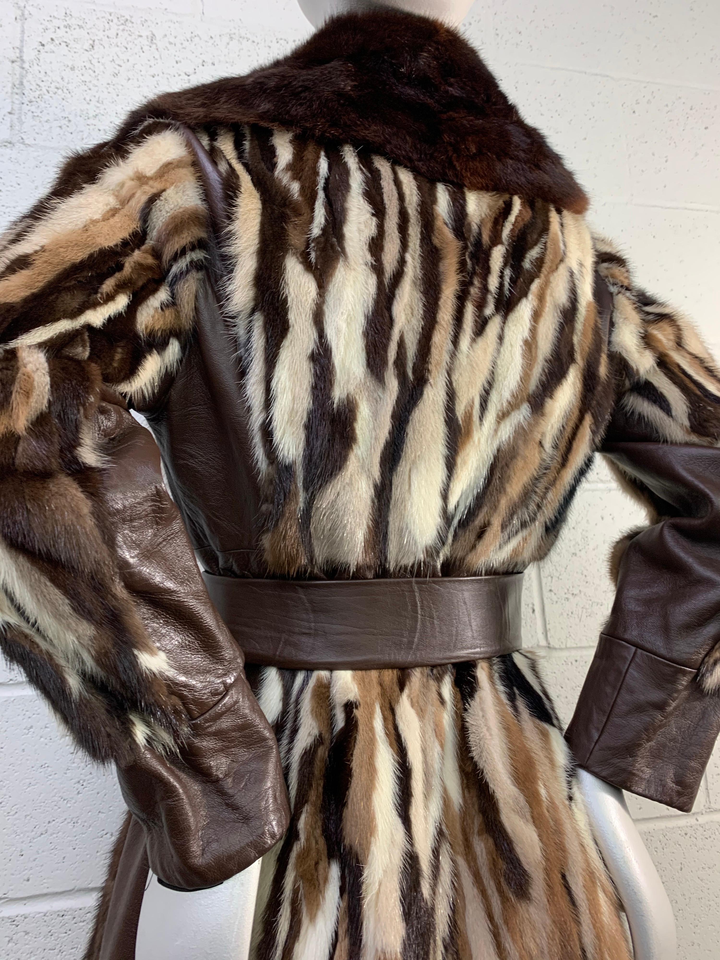 Women's 1960s Mink Fur Patchwork Foxy Flared Coat w/ Belt and Wide Fur Trim